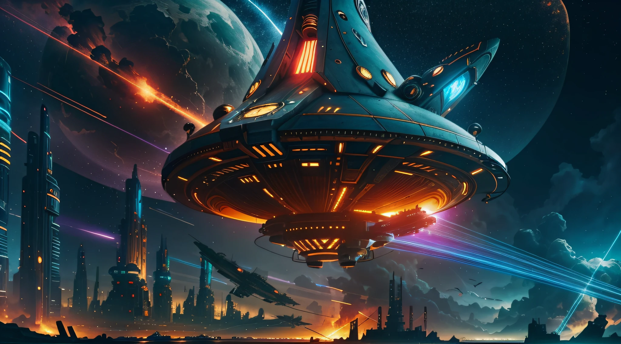 steampunk style, cool tones, cinematic effects, motion photography, time-lapse, Fujifilm, long exposure, sci-fi style starships, flying starships in the sky, shark-like starships, huge turbine engines erupting blue flames, missiles in flight, ambient lights, surreal sci-fi city in the background, red particle special effects, particle light, aesthetic, 8K, top painting, concept art, epic composition, with HD details, metallic texture and tension composition, hyper-realistic, ultra-realistic, rich in detail, .3D