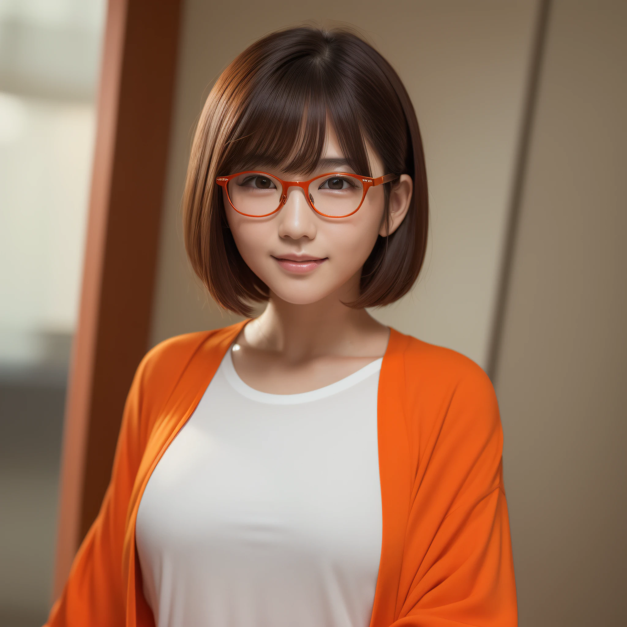 (Best quality, 8k, 32k, Masterpiece, UHD:1.2),Photo of Pretty Japanese woman, red round glasses,very short hair, frizzy brown hair,smile,UHD image,upper body,(orange suit:1.1),white T-shirt,looking at around