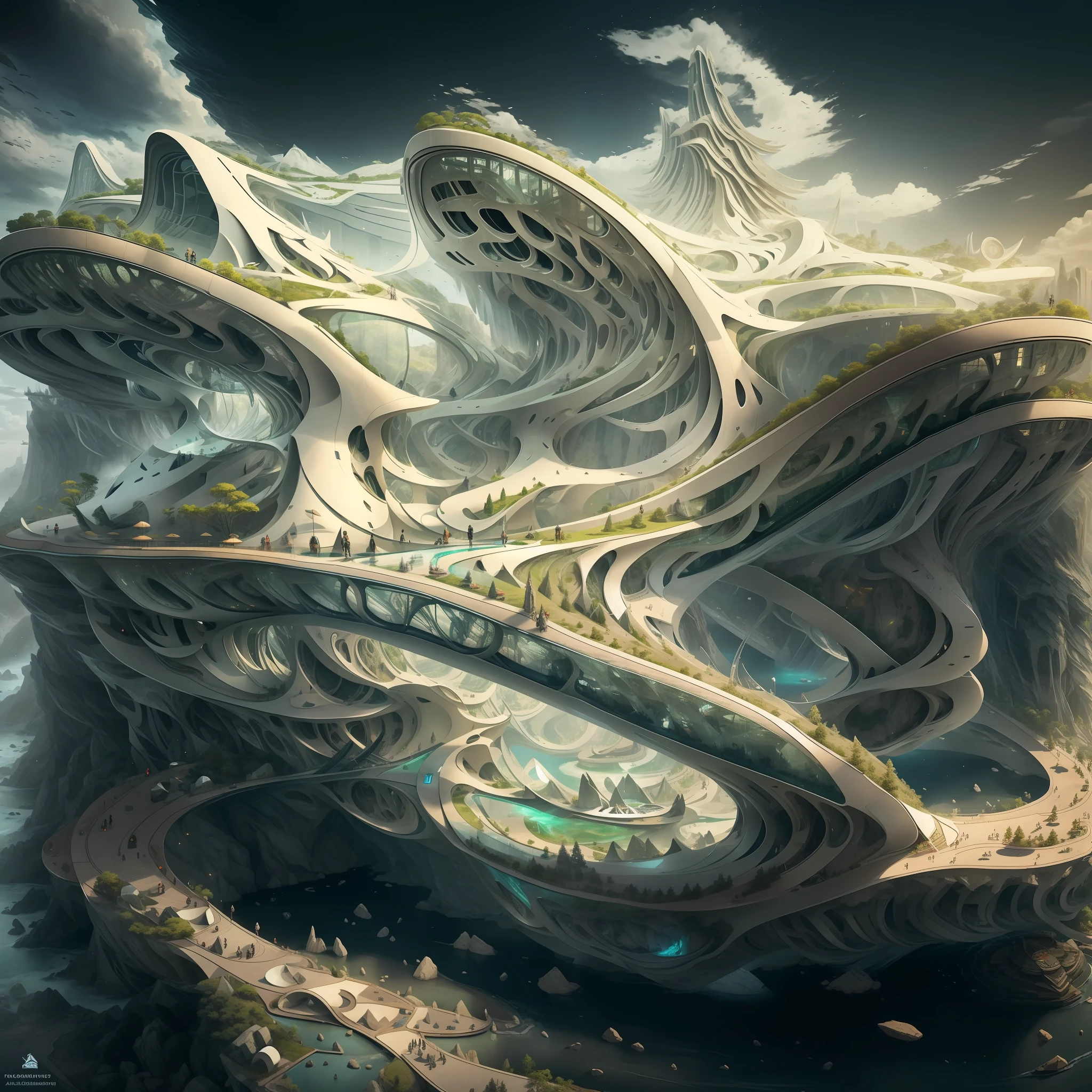 Futuristic design of an awesome sunny day environment concept art on a futuristic forest terrain with huge waterfalls,streams,sacred grooves, nature architecture, proportional,detailed, blueprint,bright clouds, nature meets futuristic architecture by Santiago Calatrava and Vincent Callebaut with Wes Anderson village,residential area, futuristic development, high rise made up staircases, balconies, full of composite glass facades, residential spaces carved from cliff side ,trending on artstation, beautiful lighting,In the style of Andreas Achenbach and Norman Ackroyd masterpiece, fantasy, intricate, award winning, 4k, highest quality