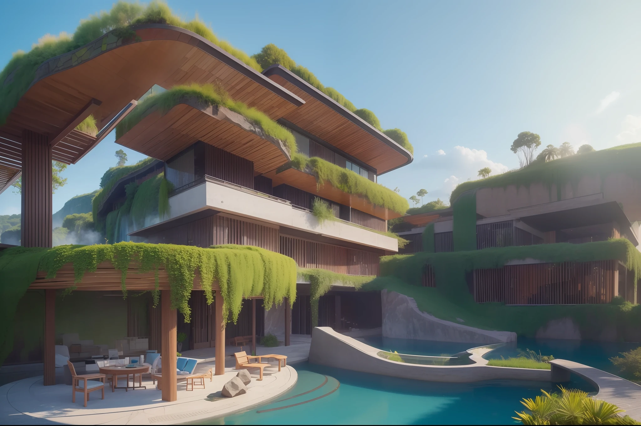 an awesome sunny cheerful day environment concept art in Chinese ink brush on a rainforest jungle cliff with huge waterfalls,Crepuscular rays, nature meets modern architecture by Peter Zumthor with Dry brush drawing style ,Chiaroscuro village,cliff side residential area, mixed development,nature architecture,bright colors,high rise made up staircases, balconies, full of glass facades,carved from rocks, In the style of Aries Moross, masterpiece, proportional, detailed, trending on artstation, beautiful lighting, realistic, intricate, award winning, 4k, highest quality --auto --s2