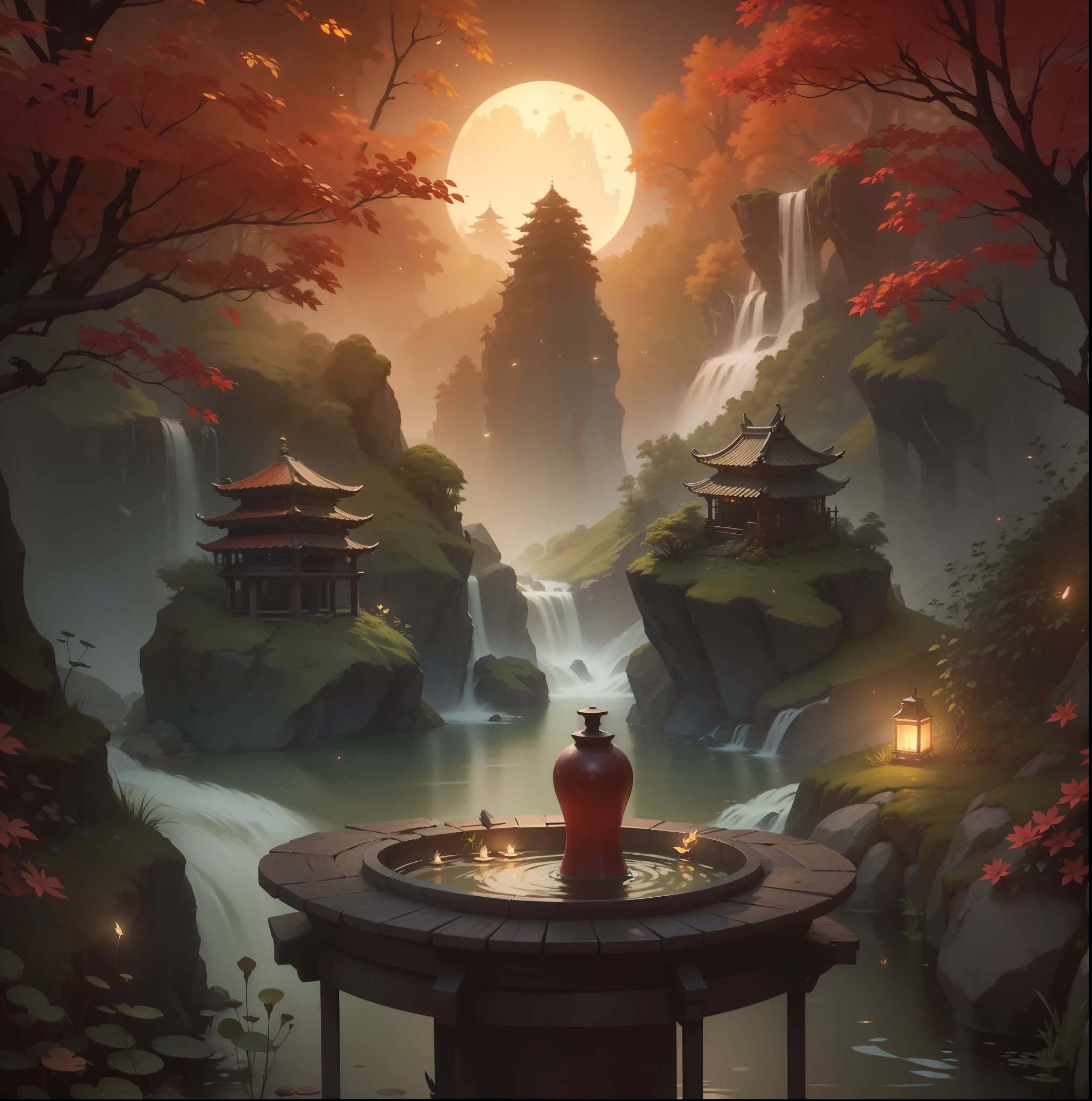 Mountains and rivers
Masterpiece, best quality, (very detailed CG unified 8k wallpaper), (best quality), (best illustration), (best shadow), glowing elf with a glowing deer, drinking water in the pool, natural elements in forest theme. Mysterious forest, beautiful forest, nature, surrounded by flowers, delicate leaves and branches surrounded by fireflies (natural elements), (jungle theme), (leaves), (branches), (fireflies), (particle effects) and other 3D, Octane rendering, ray tracing, super detailed, alpine flowing water Xiaoqiao artistic conception beauty, there is a kind of sea and a hundred rivers with tolerance and great artistic conception, and landscape painting of Jiangnan water town. Red atmosphere, maple leaves, autumn, artistic conception, red lotus, lotus pond moonlight, autumn, pond --auto --s2