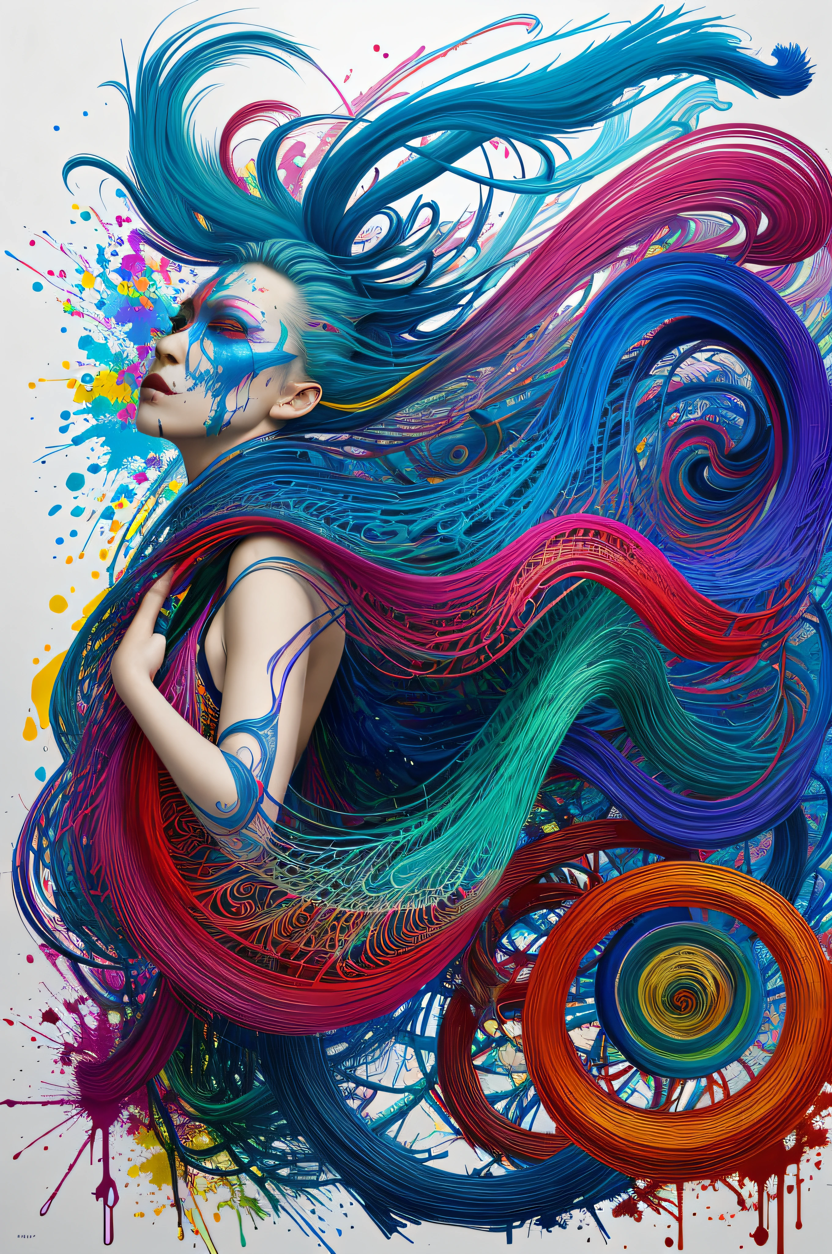 a woman with blue hair wearing a colorful outfit and a colorful background with paint splatters on it, by Hirohiko Araki,official art, unity 8k wallpaper, ultra detailed, beautiful and aesthetic, masterpiece, best quality, (zentangle, mandala, tangle, entangle), 1girl, extremely detailed, dynamic angle, cowboyshot, the most beautiful form of chaos, elegant, a brutalist designed, vivid colours, romanticism, by james jean, roby dwi antono, ross tran, francis bacon, michal mraz, adrian ghenie, petra cortright, gerhard richter, takato yamamoto, ashley wood, atmospheric, ecstasy of musical notes, streaming musical notes visible