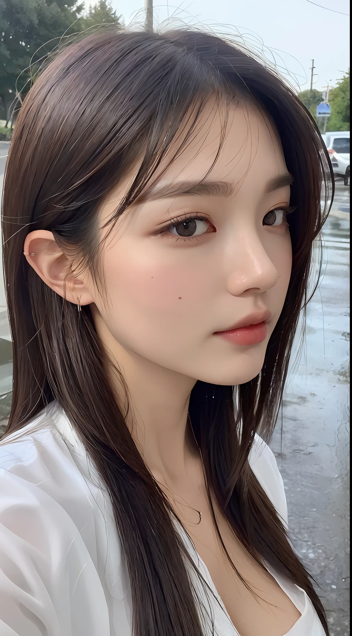 ((Best Quality, 8K, Masterpiece: 1.3)), Sharp: 1.2, Perfect Body Beauty: 1.4, Slim Abs: 1.2, ((Layered Hairstyle, Big Breasts: 1.2)), (Wet White Button Long Shirt: 1.1), (Rain, Street: 1.2), Wet: 1.5, Highly detailed face and skin texture, detailed eyes, double eyelids, side face looking at the camera