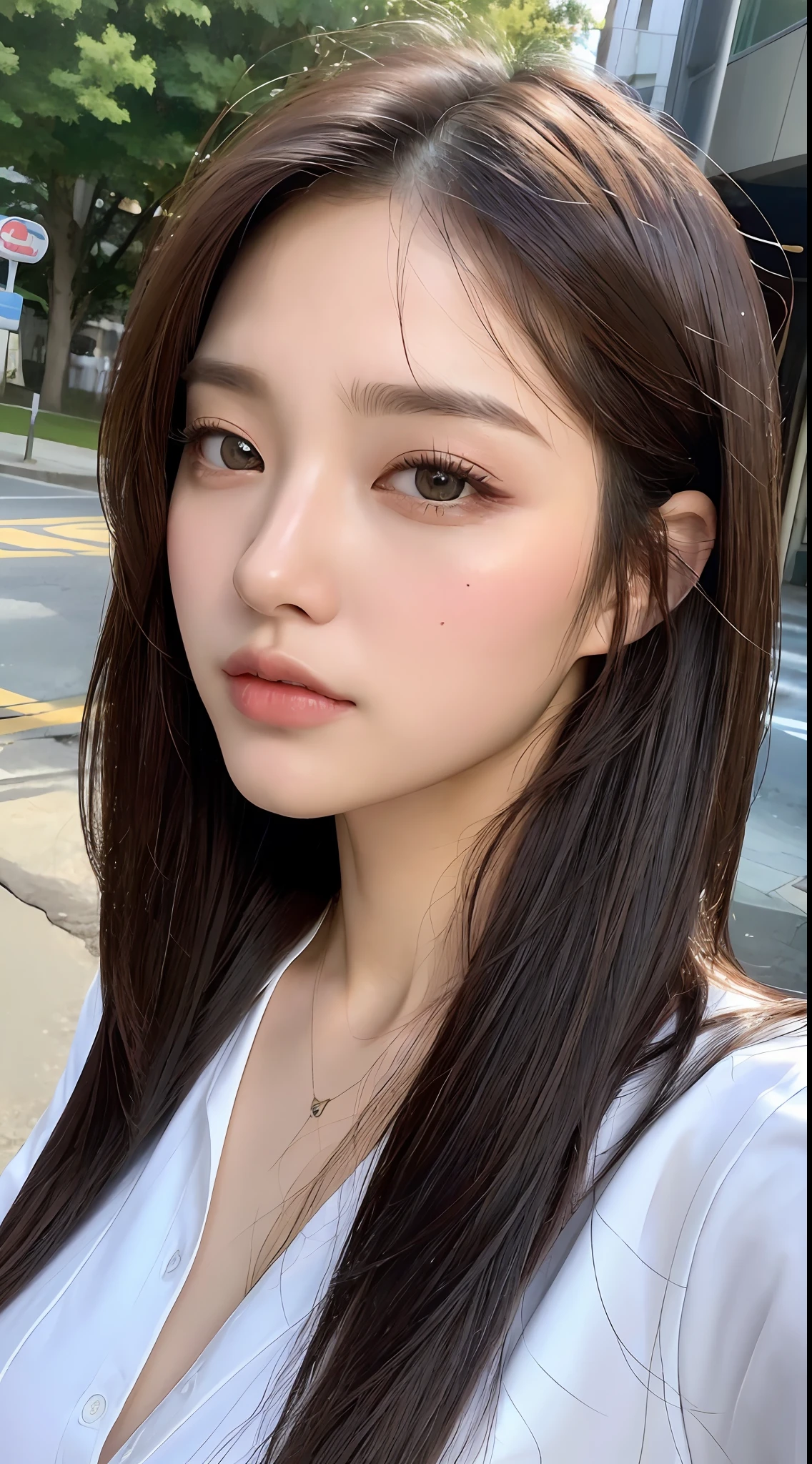 ((Best Quality, 8K, Masterpiece: 1.3)), Sharp: 1.2, Perfect Body Beauty: 1.4, Slim Abs: 1.2, ((Layered Hairstyle, Big Breasts: 1.2)), (Wet White Button Long Shirt: 1.1), (Rain, Street: 1.2), Wet: 1.5, Highly detailed face and skin texture, detailed eyes, double eyelids, side face looking at the camera