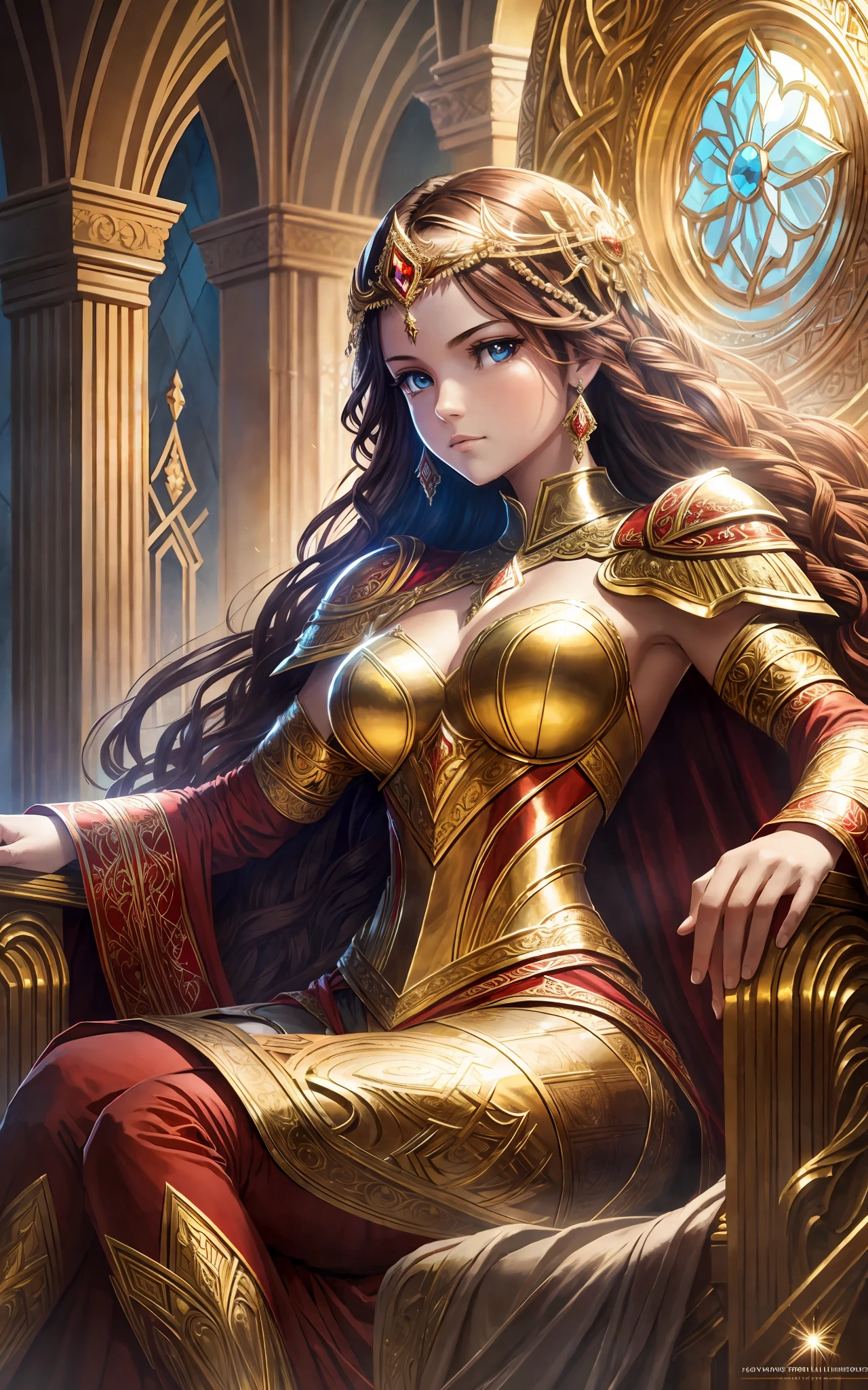 award winning 64k concept art of (1girl:1.2) in red shiny ornate armor sitting on the throne, epic, god rays, centered, (masterpiece:1.2), (best quality:1.2), Amazing, highly detailed, beautiful, finely detailed, warm soft color grading, Depth of field, extremely detailed 8k, fine art, stunning, iridescent, shiny, (light reflections:1.2), (crisp:1.5), curls, wind, vibrant, sunlit, edge detection