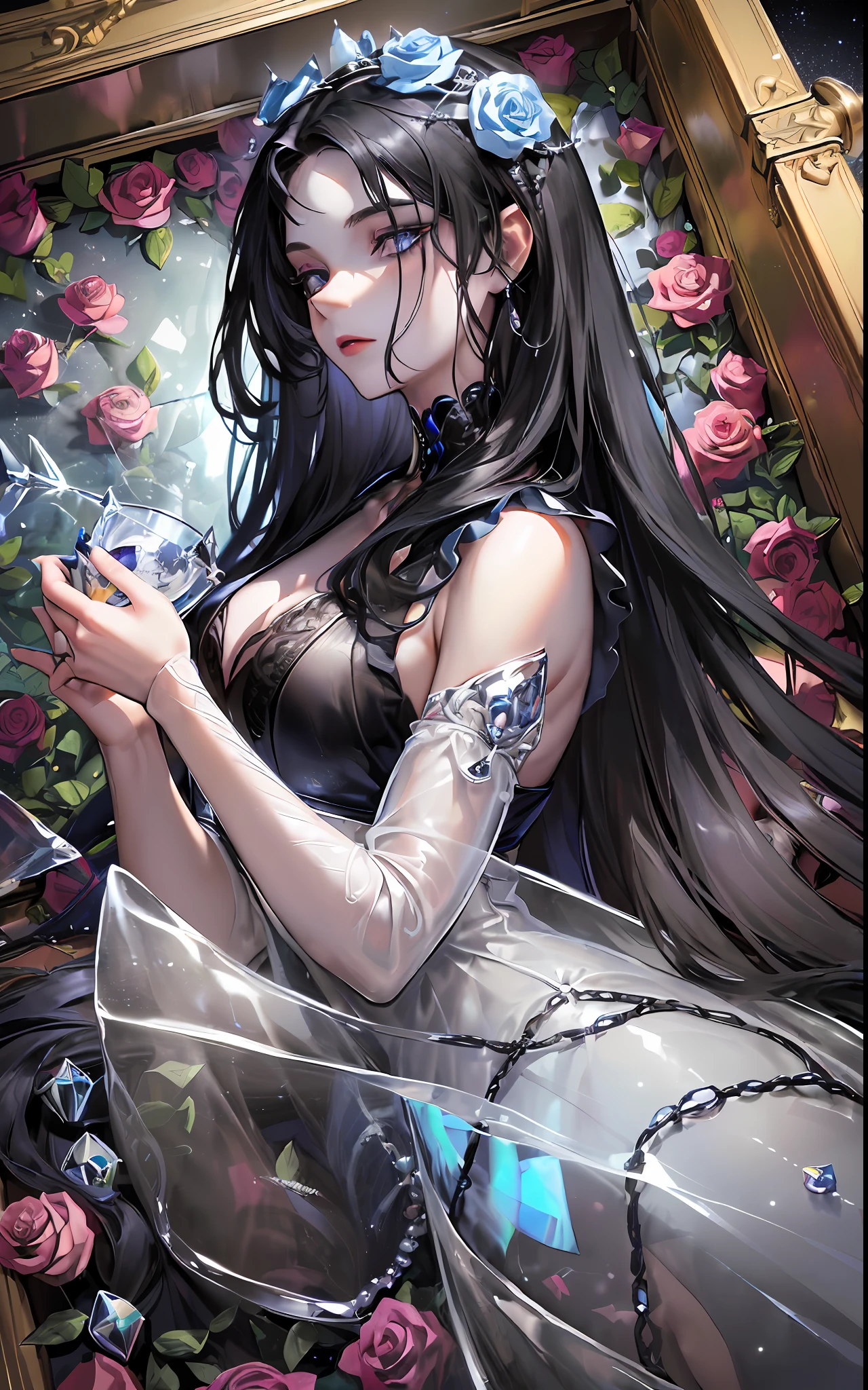 (((transparent coffin for corpse with closed lid))) , (long coffin), girl locked in the coffin, seabed in the background, ((crystal)), gold cross, golden details, roses inside the coffin, rose thorns, ocean in the background, moonlight, coffin submerged in the sea, closed coffin with glass walls, closed lid, (((sarcophagus))), 1girl, adult woman, black hair, long hair, blue eyes, black victorian dress, modest dress, closed dress, flowing elegant dress, inside a coffin made of glass, full body inside coffin, perfect detailed eyes, perfect detailed face, detailed eyes, perfect eyes, ((((masterpiece)))), (((glass lid)))