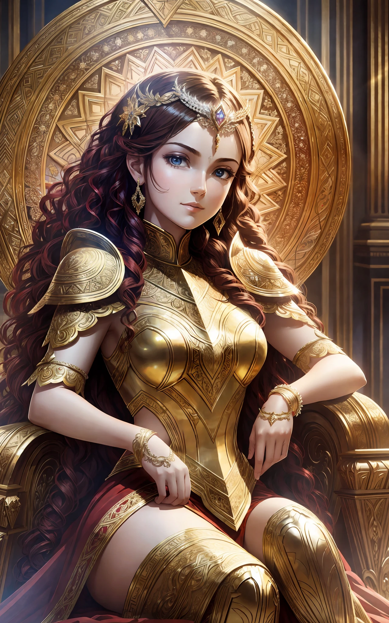award winning 64k concept art of (1girl:1.2) in red shiny ornate armor sitting on the throne, epic, god rays, centered, (masterpiece:1.2), (best quality:1.2), Amazing, highly detailed, beautiful, finely detailed, warm soft color grading, Depth of field, extremely detailed 8k, fine art, stunning, iridescent, shiny, (light reflections:1.2), (crisp:1.5), curls, wind, vibrant, sunlit, edge detection