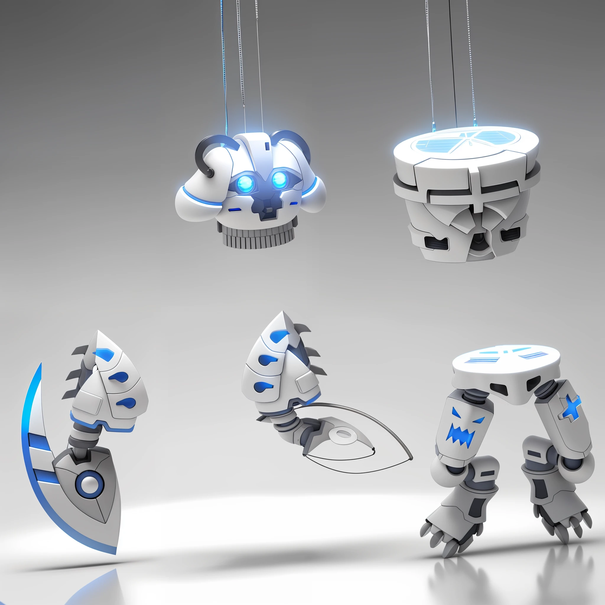 (photo-quality CG work), (five parts of the dangling robot body, each with two or three colors, consisting of blue 50%/white color), (light gray background), (soft lighting), (3D, metallic), cyberpunk.