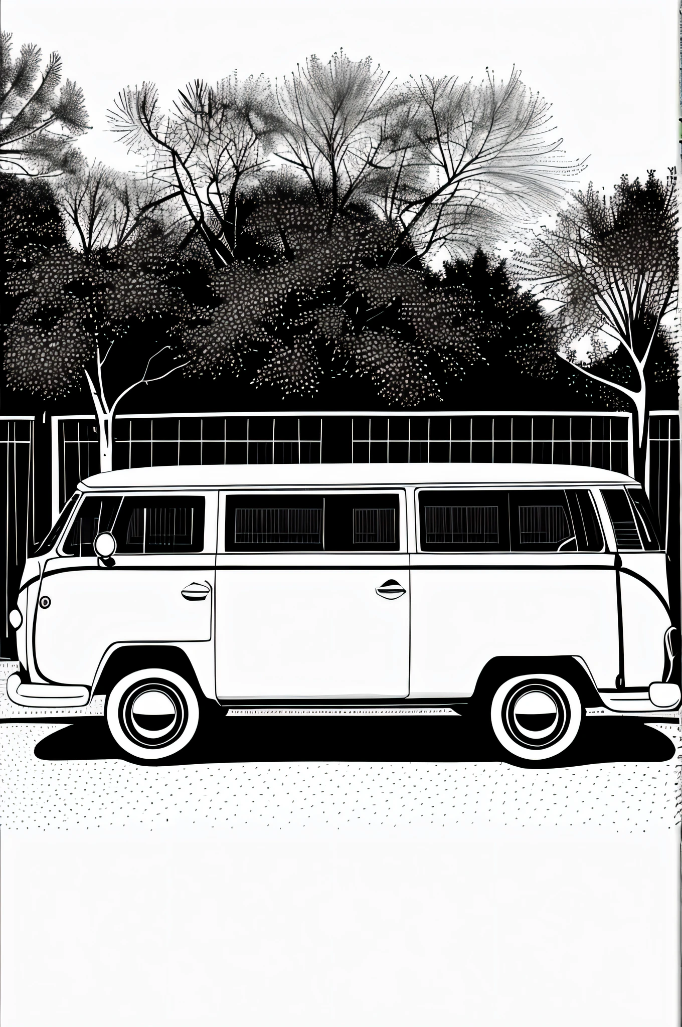 van parked on the side of the road in front of fence, VW bus on the street, microbus, school bus, VW microbus driving, combi, panoramic view of the car, Matthias Weischer, vehicle, 7 0 seconds atmosphere, Sebastian Supreng, (line art: 1.2), 2D, masterpiece, top quality, line art, (monochrome: 1.2), white background, black and white, coloring book for children, paper, full page, free line, Art line detail, print, perfect anatomy, (white background: 1.2)