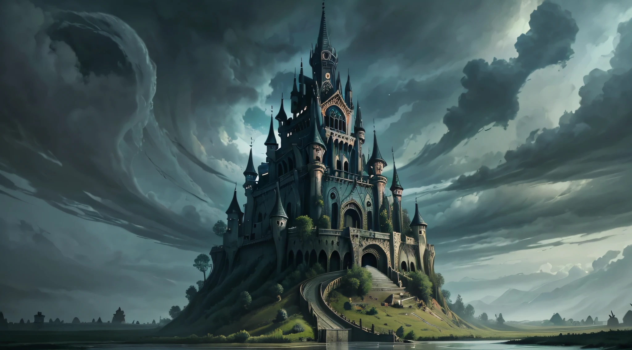 a magistic terrifying kingdom from far away land, river cuts the land, horror