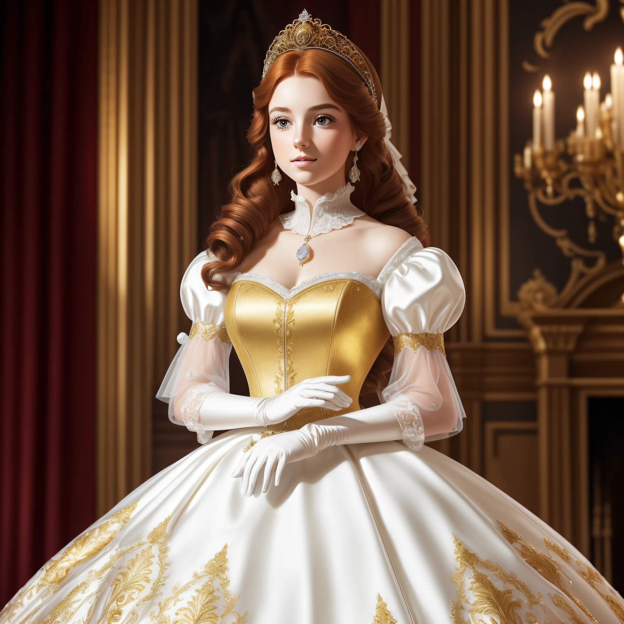 A stunningly beautiful young maiden with auburn hair gasps in surprise and delight to find herself suddenly wearing white gloves and a Stately Royal Victorian Cinderella Ballgown stiff with gold embroidery and encrusted with pearls and diamonds, with huge puffed sleeves larger than her head, an enormous hoopskirt, all adorned with bows, lace, and frills