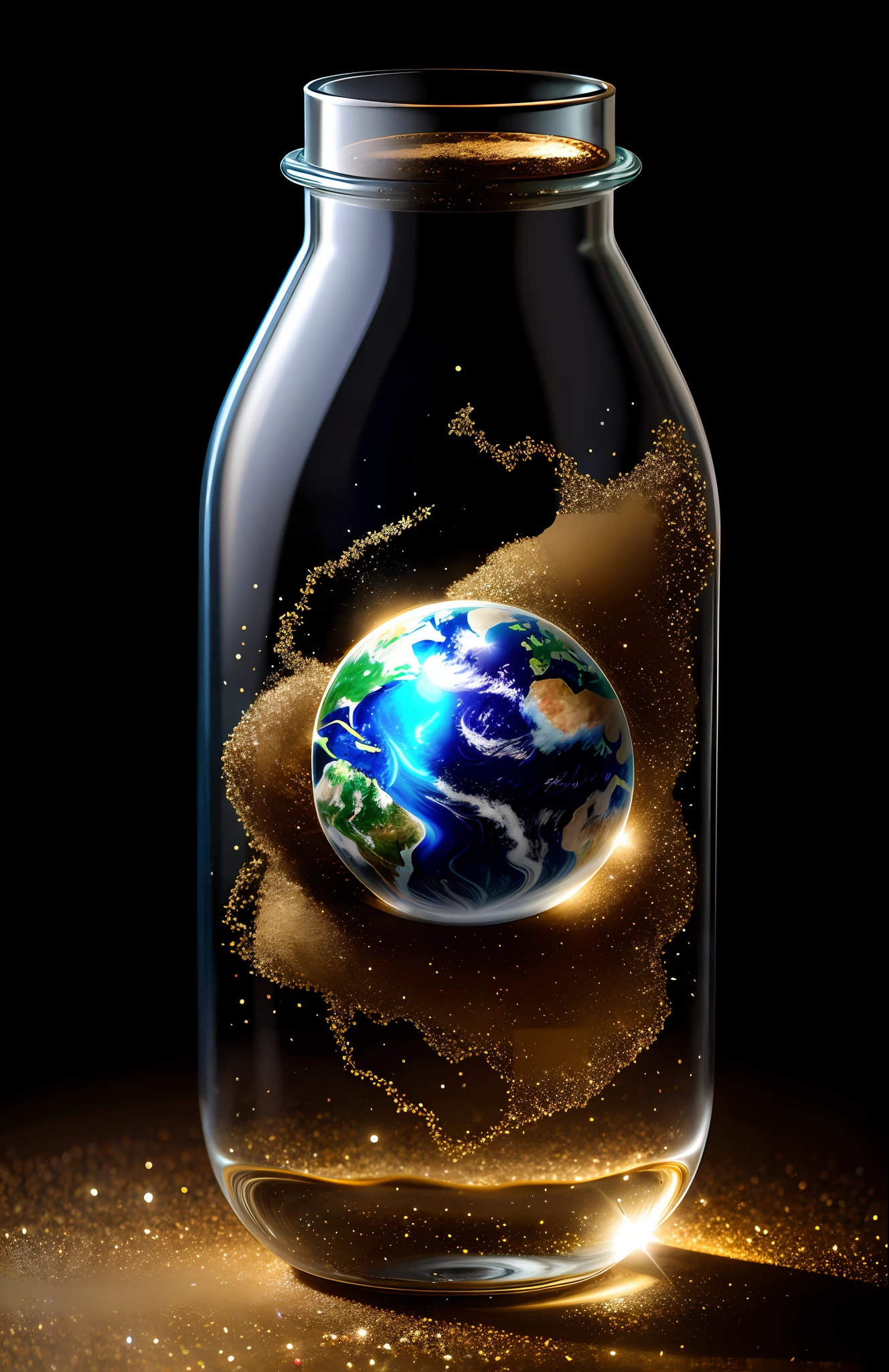 Earth in a Bottle, glitter, real, refraction of atmospheric light, by Lee Jeffries Nikon D850 Film Stock Photo 4 Kodak Portra 400 Camera f1.6 Lens Rich colors Ultra-realistic realistic textures Dramatic lighting Unreal Engine Trending at Art Station Cinestir 800, Style Glass