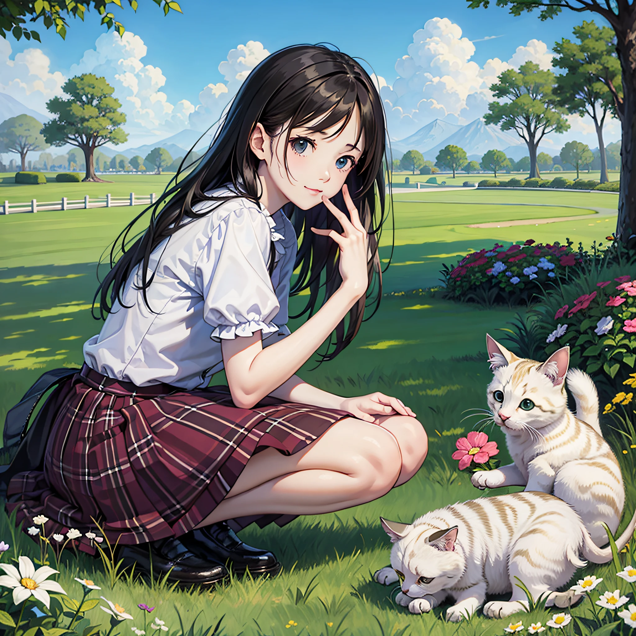 sky, lawn, girl, kitten, puppy, frolicking on the lawn --auto --s2