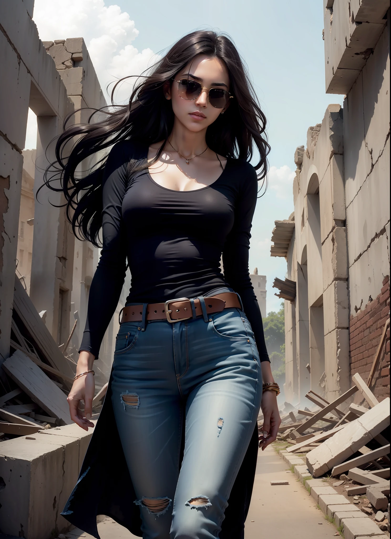 Beautiful woman, medium dark long hair, black sunglasses, jeans, 1 belt, just one body, in the ruins, front view