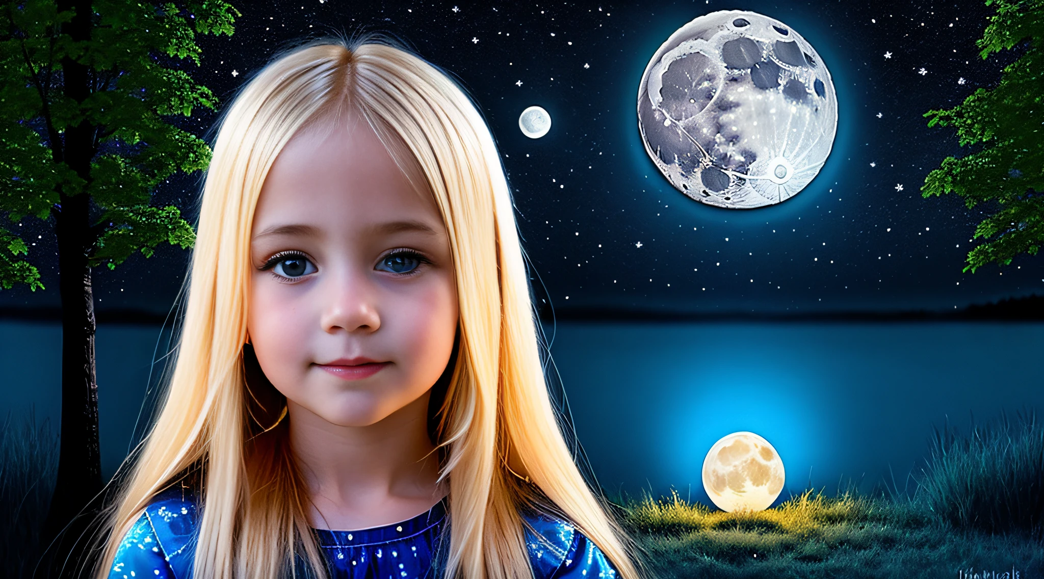 a girl BLONDE CHILD WITH LONG STRAIGHT HAIR, PORTRAIT, CLOSE UP, a blue moon lamp on a stand, bright big moon, blue moon light, moon light, moon, moon shine, hante, with blue light inside, full moon lighting, made of bright wax and ceramic, moon lighting, floating under moonlight at night,  blue moon, big moon detailed, beautiful moonlight, moon backlight, big moon