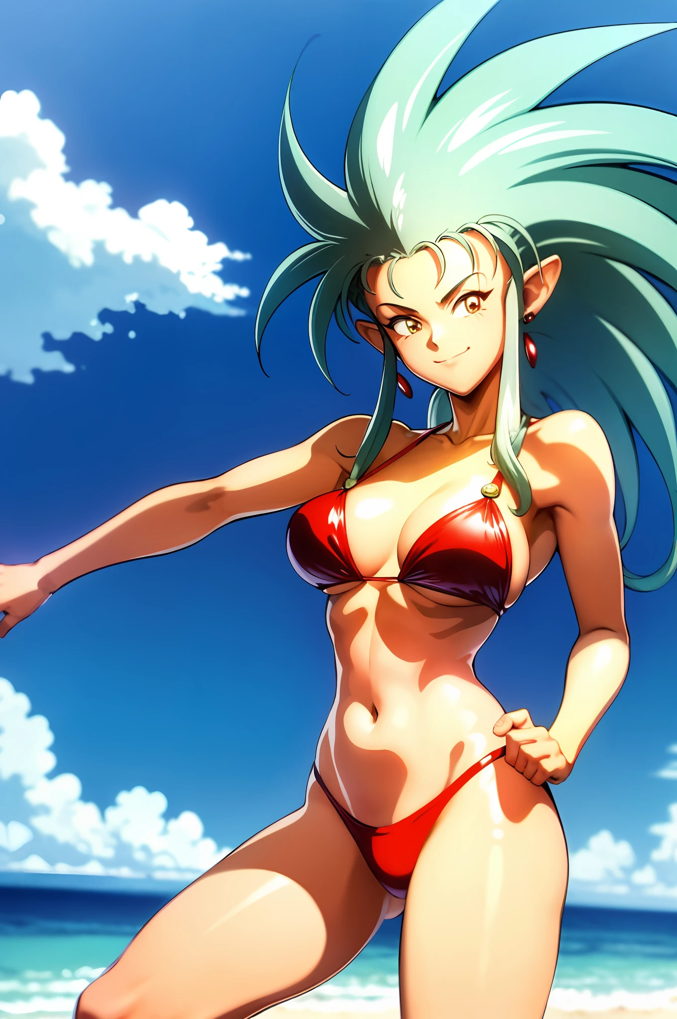 (masterpiece, best quality:1.1), ryouko_(tenchi_muyou!), hand on hip, smile, 1girl, solo, big hair, blue hair, spiked hair, pointy ears, red earrings, highleg bikini, micro bikini,  white and red  bikini, covered, yellow eyes, huge breasts, retro artstyle, beach, blue sky