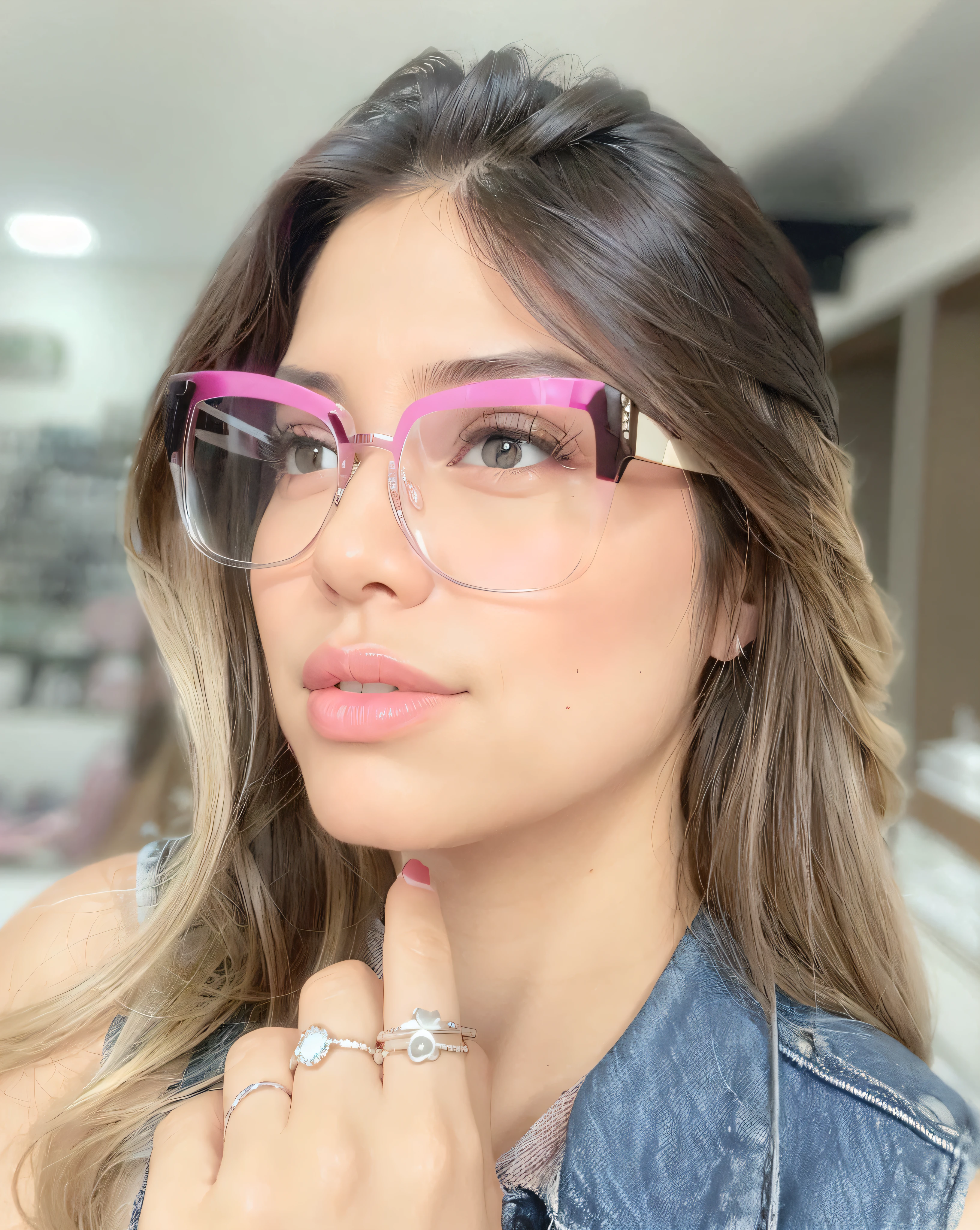 a woman wearing glasses and a denim jacket posing for a picture, pink glasses, with square glasses, thick glasses, glasses without frames, some glints and specs, large!!!!!! eyeglasses!!!, girl with glasses, eyeglasses, brazilian, transparent glasses, wearing square glasses, glasses frames, spectacles, glasses glasses, beautiful look, thick rim glasses