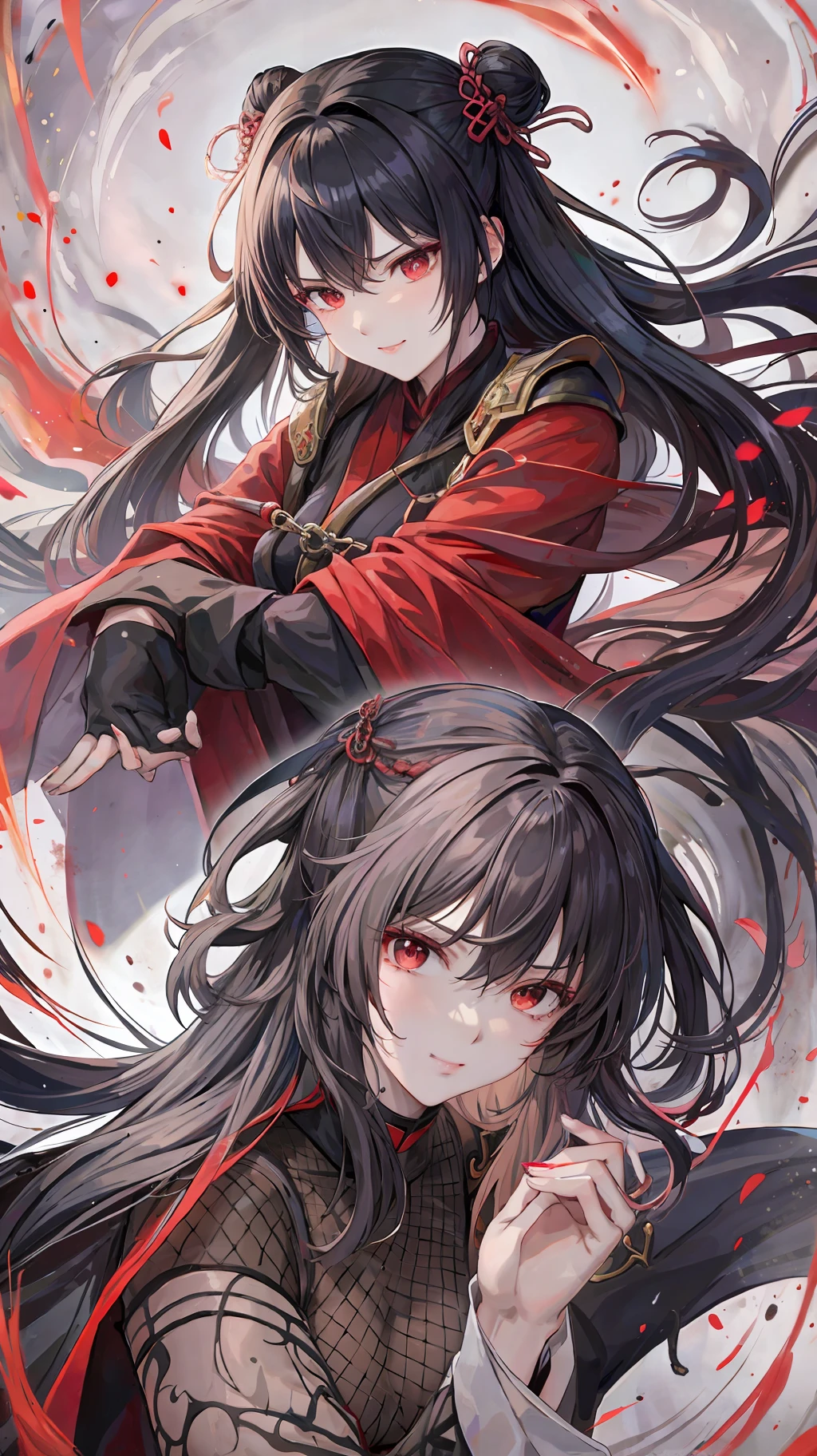 Masterpiece,(best quality:1.2), (perfect appearance:1.4),Nazi look,looking from top to bottom,Xue Yan, the Bloody Shadow, is the female version of Fang Yuan, the protagonist of Reverend Insanity. She is a woman of average height, with long black hair that cascades over her shoulders. His eyes are of an intense red hue, shining with a mixture of determination and cunning.
Xue Yan's garment is composed of an elegant dark red robe, which wraps around his body like a mysterious mist. Underneath the cloak, she wears lightweight, flexible armor, perfectly adapted for agile and stealthy combat.
Xue Yan has a striking and enigmatic appearance. Her pale skin contrasts with the strong features of her face, enhanced by a light touch of makeup, which emphasizes her piercing eyes. She carries with her an aura of power and mystery, conveying the feeling that she is an unpredictable and dangerous figure.
In his hands, Xue Yan wields two sharp, curved daggers, which are an extension of his own will. She is a master at the use of these weapons, performing agile and precise movements, capable of cutting through her opponents without leaving any chance of defense.
Xue Yan's posture is confident and imposing, while his expressions reveal a keen intelligence and a cold, defiant smile. She represents the female embodiment of cunning, relentless perseverance, and relentless pursuit of power, just like Fang Yuan in Reverend Insanity.
In the background, we can see a dark and hazy environment, as if we were in the middle of a dense forest at night. Shadows dance around him, echoing his name: Xue Yan, the Bloody Shadow.