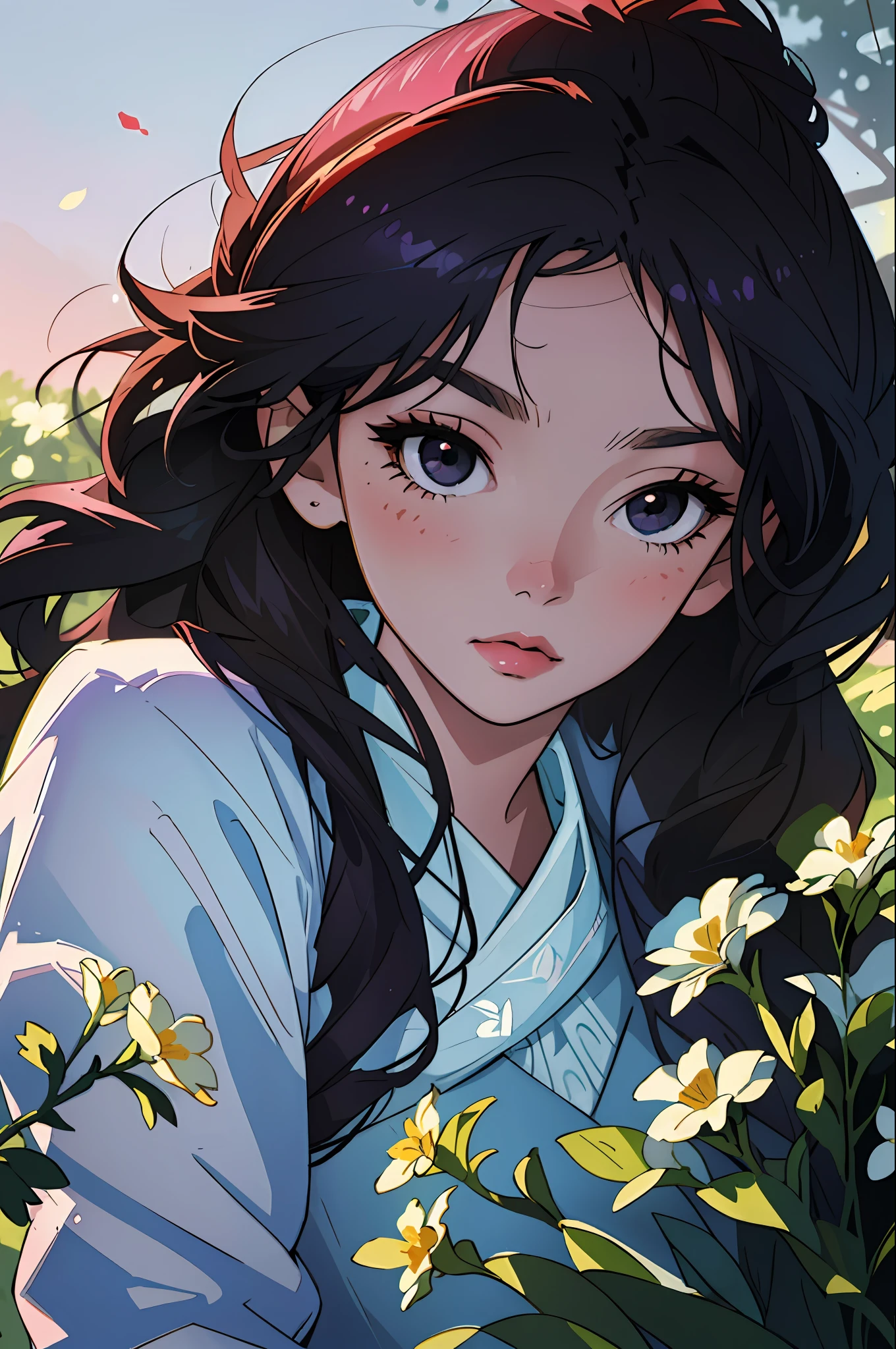 (best quality, masterpiece), highly detailed, 8k, (colorful), (vivid colors), soft color, sunlight, artstation sample, soft edges, young spirit, illustration, floral patterns, cinematic lighting,
lavender background, detailed background, natural background, flowery field in the background, sunlight, carefree, beautiful detailed eyes, dark eyes, beautiful face, black eyes, flowing hair