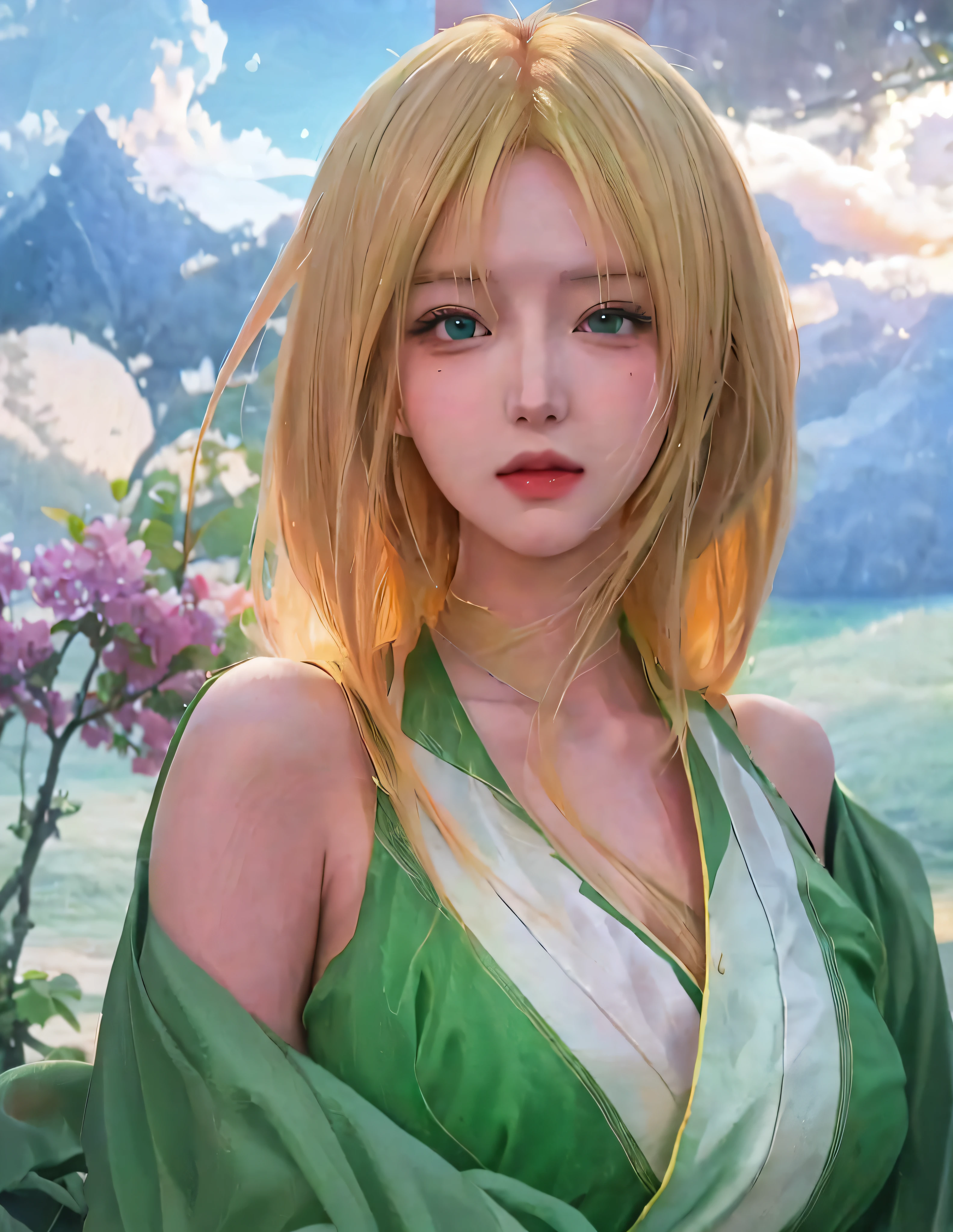 anime girl with blonde hair and green dress, beautiful anime portrait, stunning anime face portrait, detailed digital anime art, anime style 4 K, anime realism style, detailed portrait of anime girl, beautiful anime girl, digital anime art, realistic anime art style, guvez style artwork, digital anime illustration