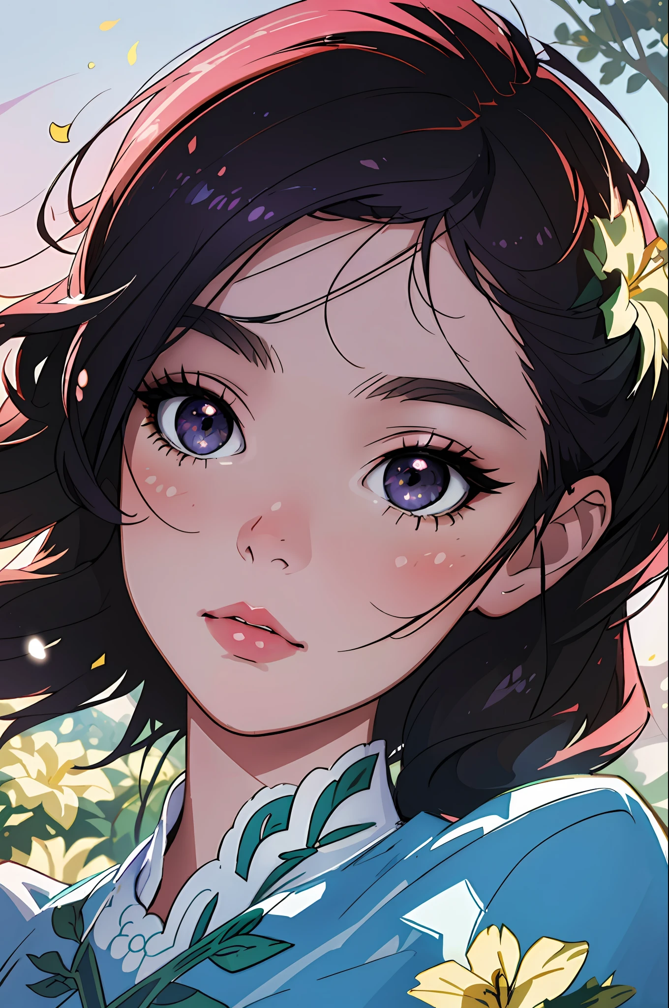 (best quality, masterpiece), highly detailed, 8k, (colorful), (vivid colors), soft color, sunlight, artstation sample, soft edges, young spirit, illustration, floral patterns, cinematic lighting,
lavender background, detailed background, natural background, flowery field in the background, sunlight, carefree, beautiful detailed eyes, dark eyes, beautiful face, black eyes, flowing hair