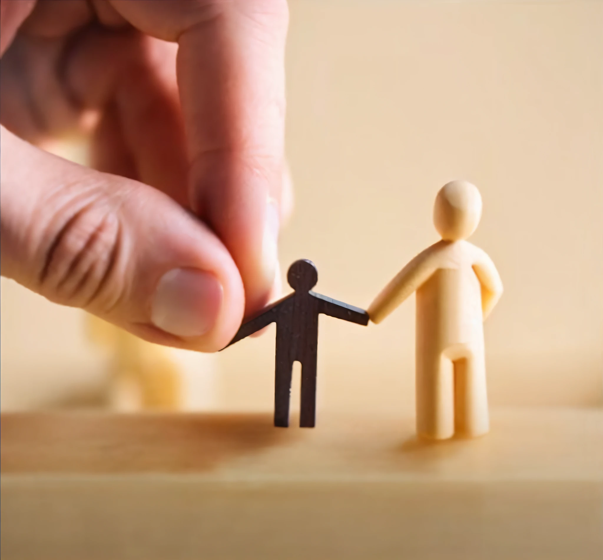 someone is holding a small wooden figure in front of a man, reaching out to each other, youtube video screenshot, bringing people together, against dark background, on a dark background, video still, never one - to - one, a harmonious integration, digitally enhanced, individual, animation still, authoritative, close together, amazingly composed image, repairing the other one