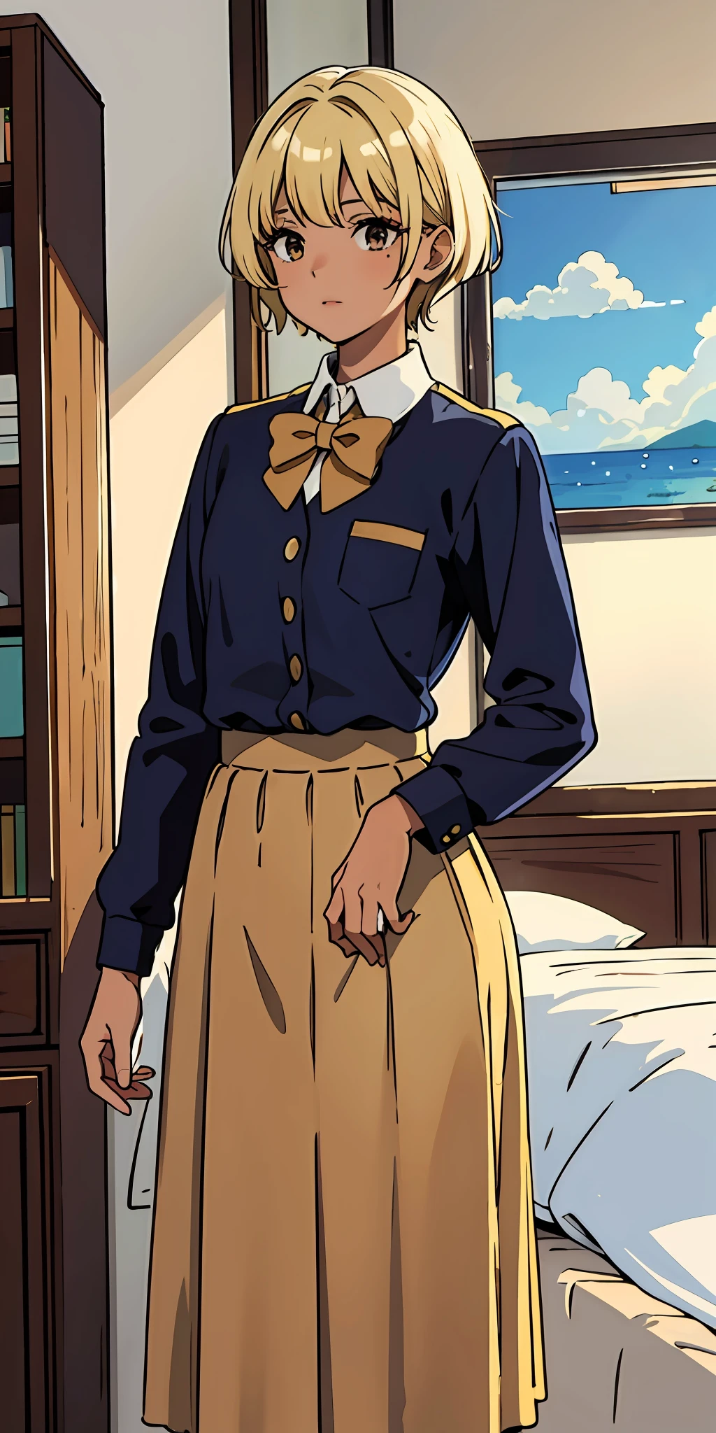(top quality, masterpiece), 1 girl, 18 years old, stunning, sexy, blonde short, brown skin, tan, uniform, long skirt, mole, room, small, small breasts, thin areola
