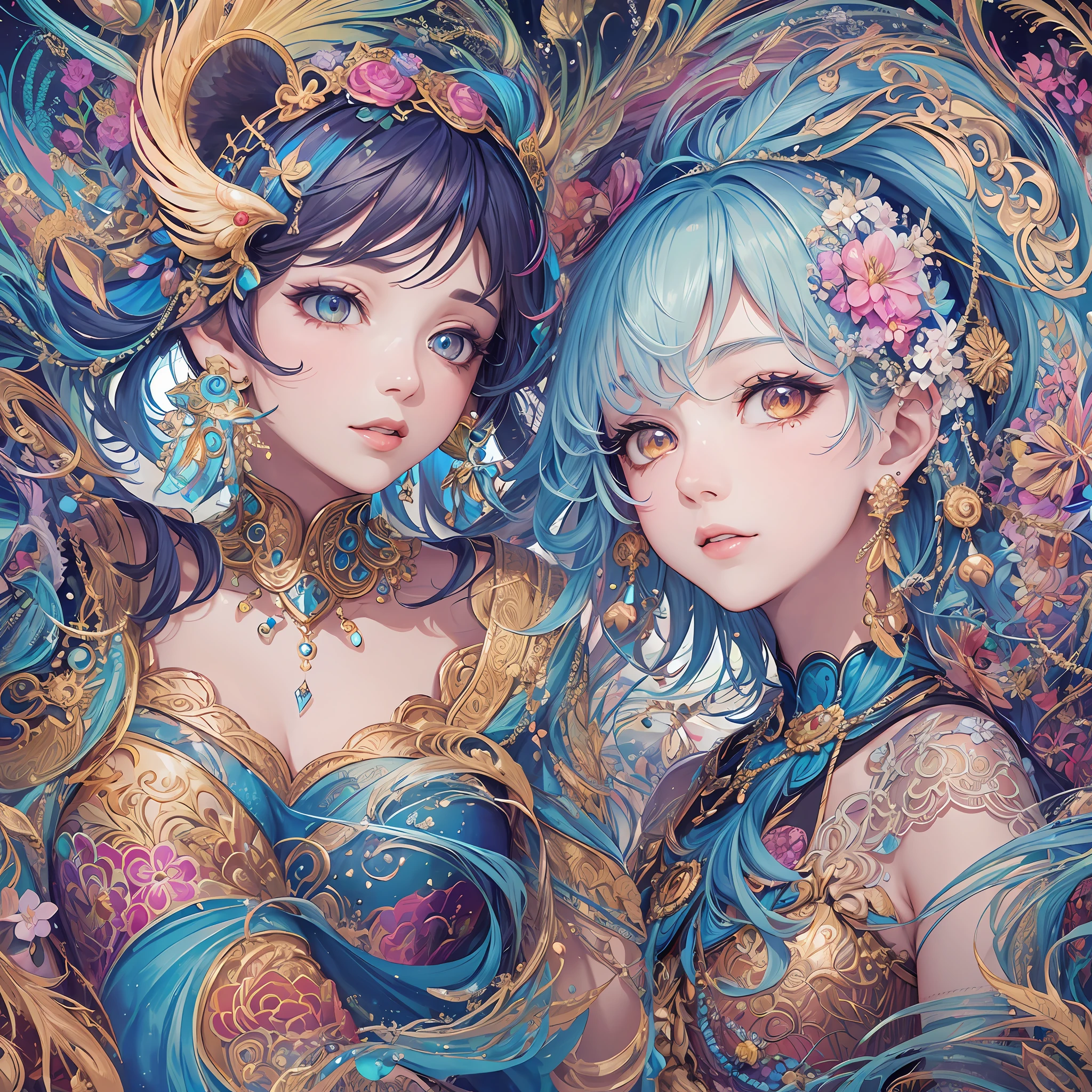 (Masterpiece, Top Quality, Best Quality, Official Art, Beautiful and Aesthetic: 1.2), (1 Girl: 1.3), Very Detailed, (Fractal Art: 1.1), (Colorful: 1.1) (Flower: 1.3), Supreme Detail, (Zentangle: 1.2), (Dynamic Pose), (Abstract Background: 1.3), (Glossy Skin), (Many Colors: 1.4), (Earrings), (Feathers: 1.5), (Water Flow:1.3), jewels, white hair, wrapped in light, vivid background, phoenix dress, panda ears
