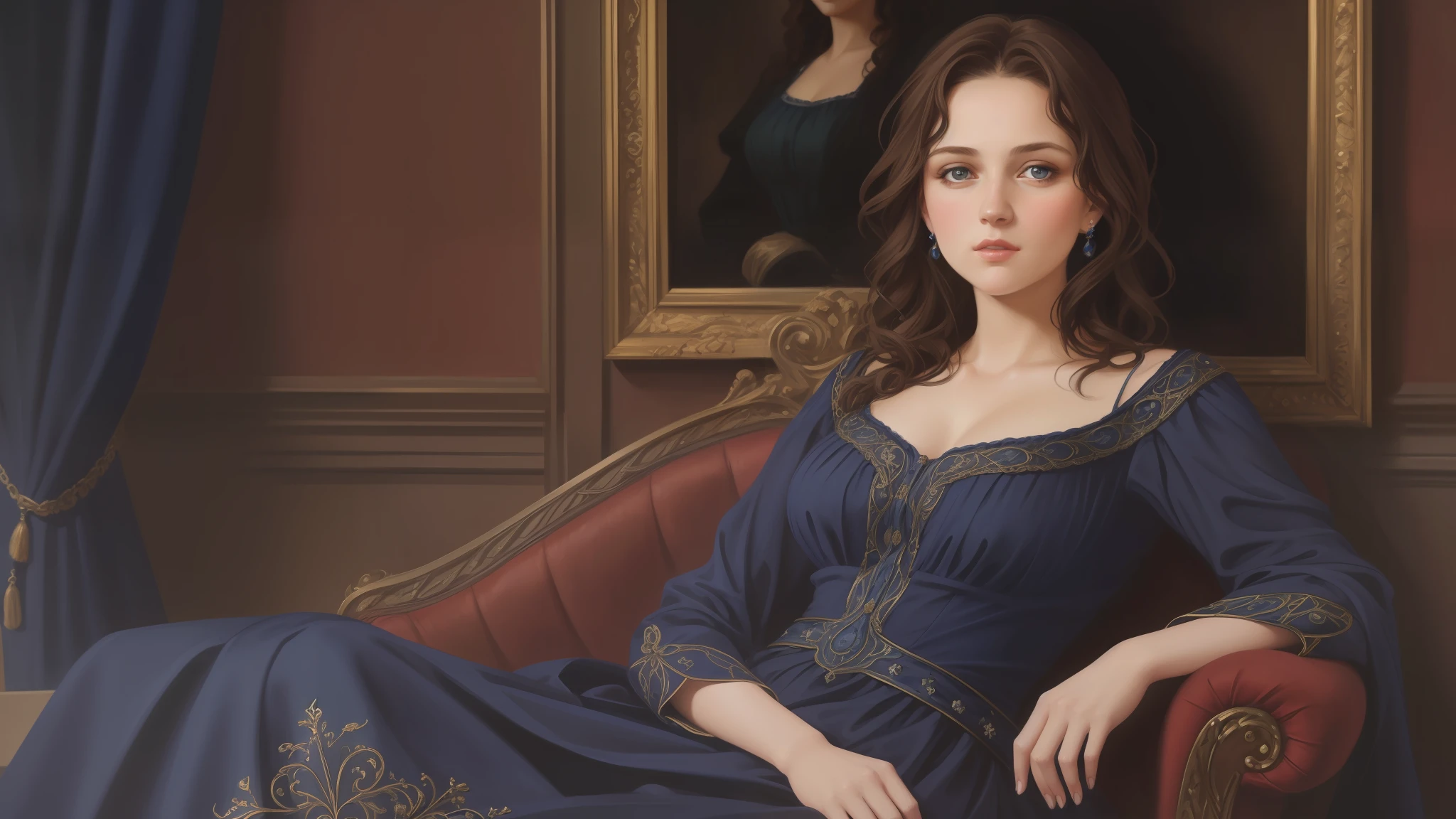 1girl, beautiful teenage girl, small breasts, revealing ornate navy blue dress, short wavy brown hair, portrait, oil painting, modern, realistic proportions, intricate, intricate details, sharp focus