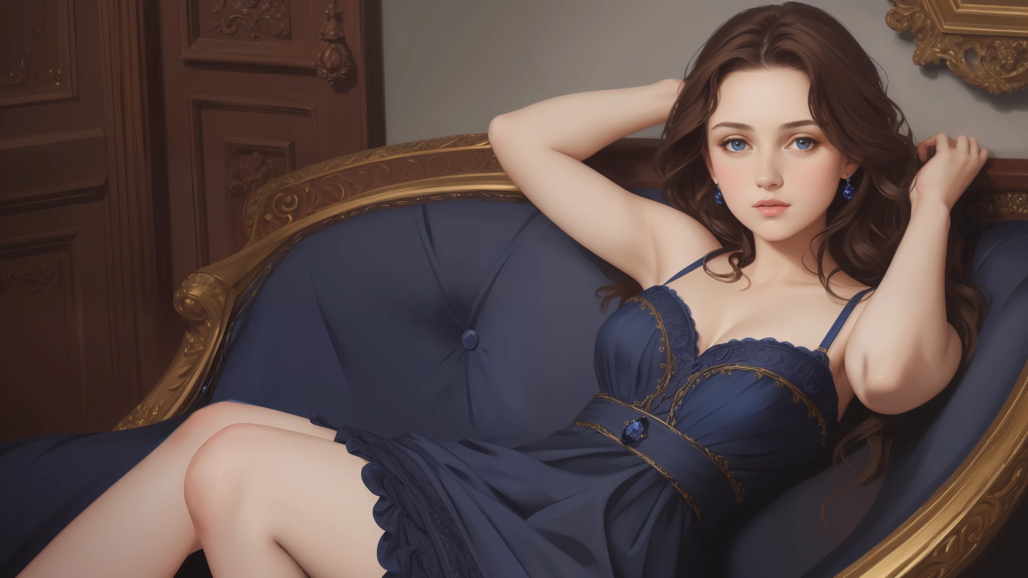 1girl, beautiful teenage girl, small breasts, revealing ornate navy blue dress, short wavy brown hair, portrait, oil painting, modern, realistic proportions, intricate, intricate details, sharp focus