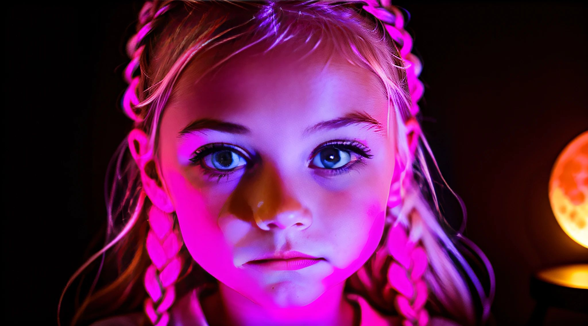 a girl BLONDE CHILD IN BRAIDS, PORTRAIT, CLOSE UP, a pink moon lamp on a wooden stand, bright big moon, pink moon, moon light, giant pink full moon, mood light, full moon illumination, moon brightness, moon lighting, purple ambient light, lunar, moon backlight, moon, made of bright wax and ceramic, purple color lighting, grumpy purple glow light, mood lighting
