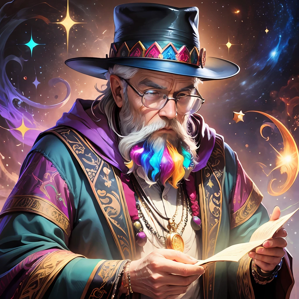 realistic magician doing spells, old man with bearded glasses with hat, very colorful with mystical colors in a cosmic universe with glowing animals and add a lot of detail and creativity --auto --s2
