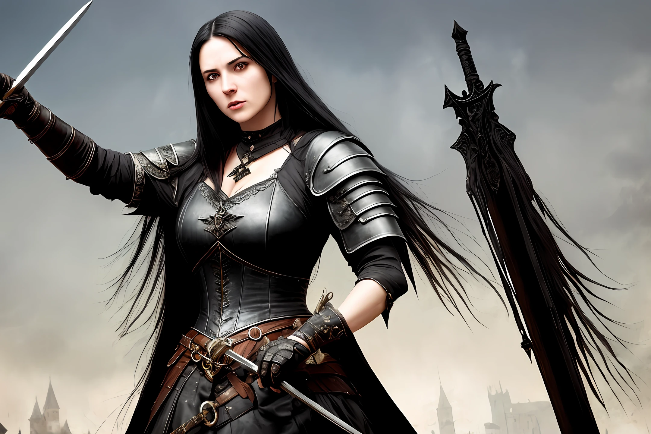 White woman.
Young.
Long, straight, black hair.
Medieval Gothic black armor.
With a bloody sword.