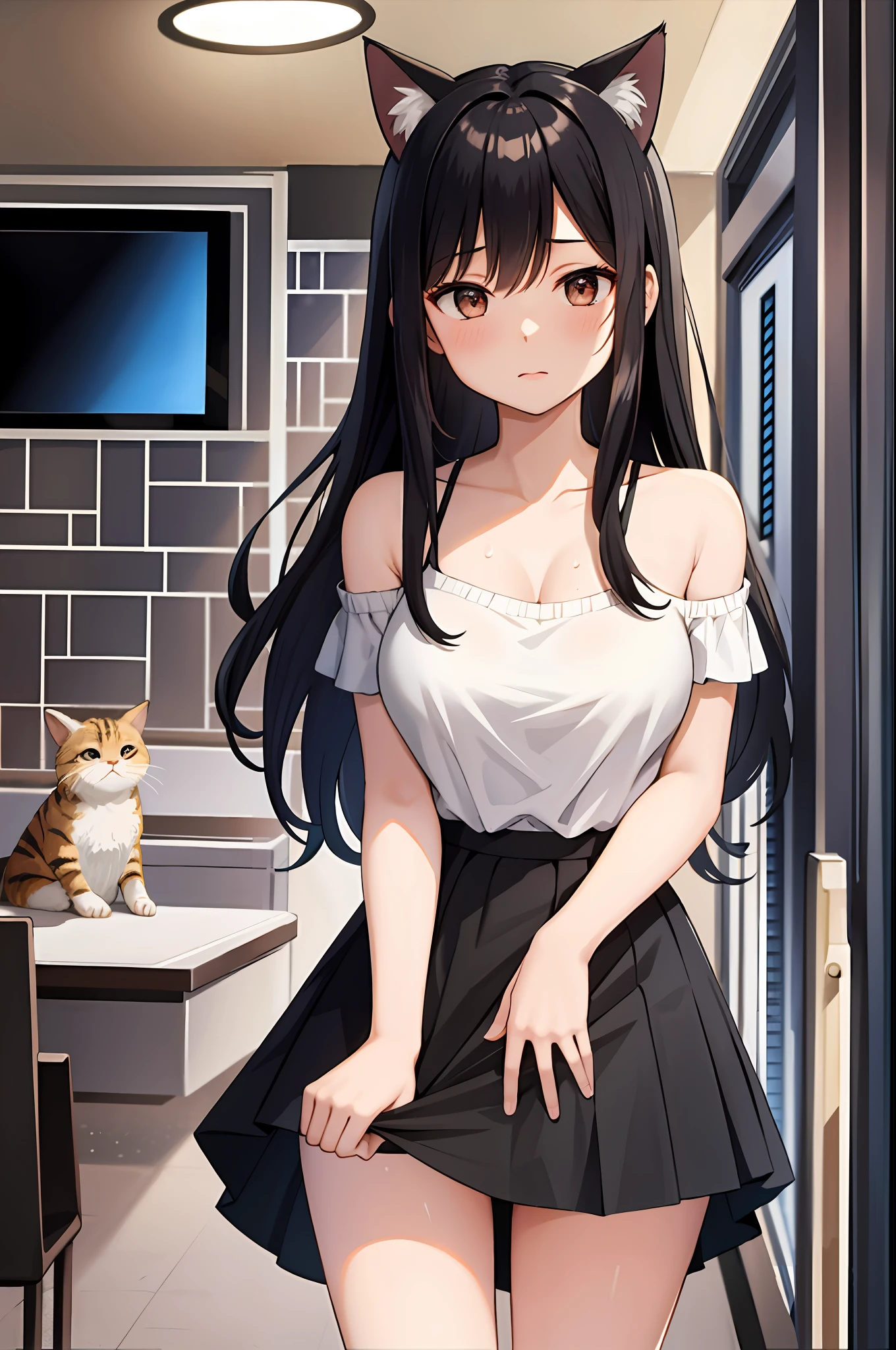 masterpiece, best quality, high resolution, very detailed, detailed background, movie lighting, 1 girl, looking at the audience, cinema interior, wearing cat ears, black hair, casual clothes, white off-the-shoulder dress, skirt, sweat, transparent, heavy breathing, embarrassment, hands on crotch, NSFW