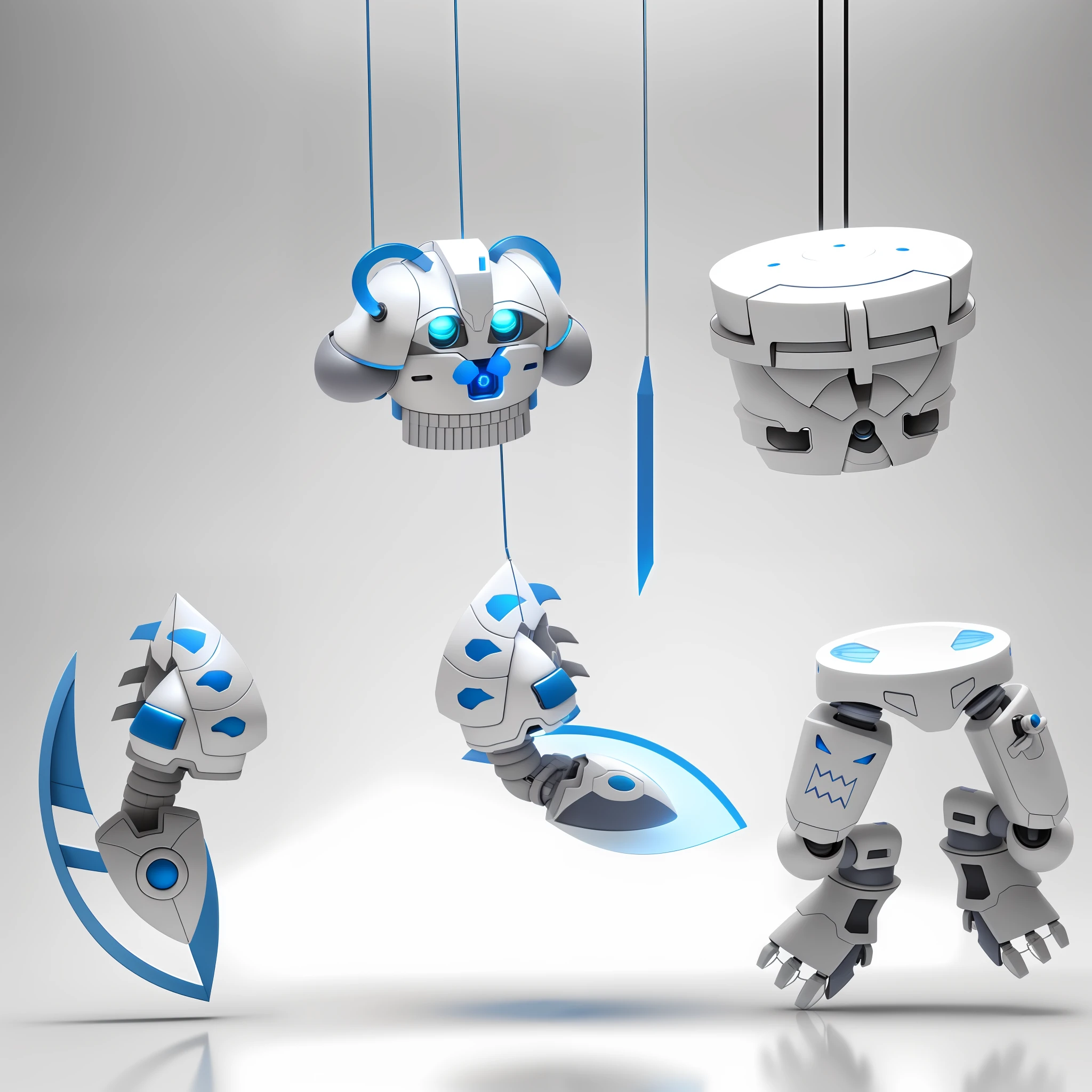 (photo-quality CG work), (five parts of the dangling robot body, each with two or three colors, consisting of blue 50%/white color), (light gray background), (soft lighting), (3D, metallic), cyberpunk.