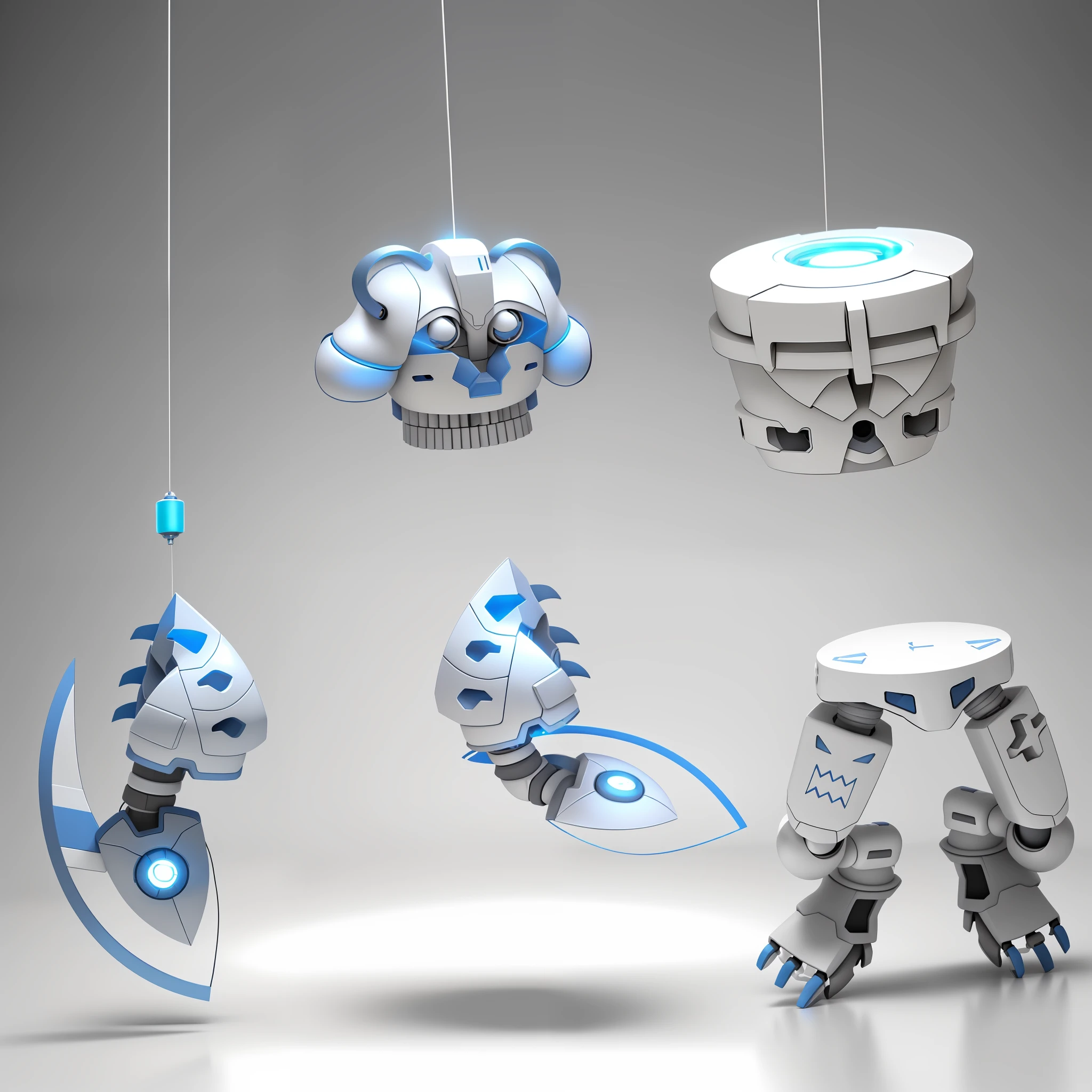 (photo-quality CG work), (five parts of the dangling robot body, each with two or three colors, consisting of blue 50%/white color), (light gray background), (soft lighting), (3D, metallic), cyberpunk.