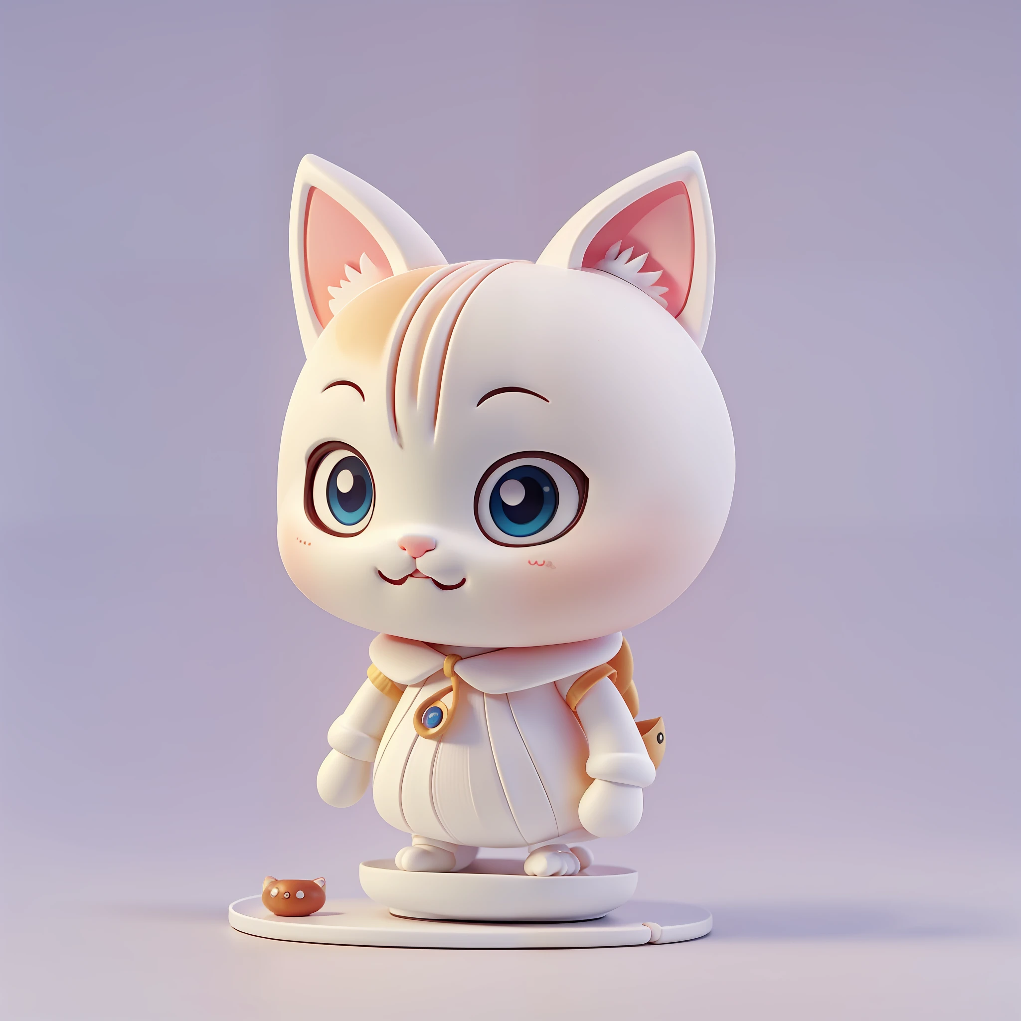 There is a small toy standing on the white surface, vinyl toy doll, vinyl designer toy, Kenny Wong x Pop Mart, 3D model of Japanese mascot, cute kitten, anthropomorphic cat, Japanese mascot, cat smiling, Tako, phoenix pearl|, (cat)), cute! C4D