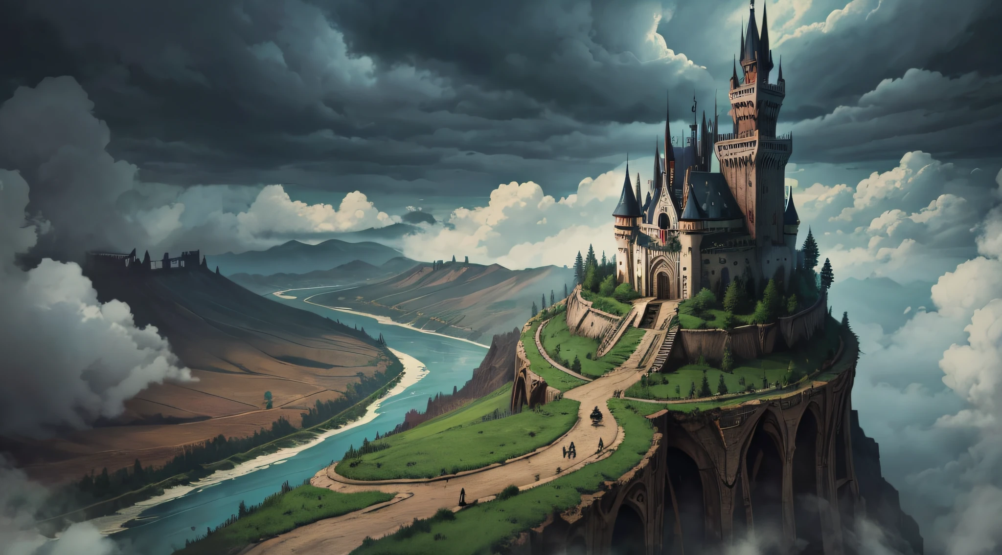 a magistic terrifying kingdom from far away land, river cuts the land, horror, dark