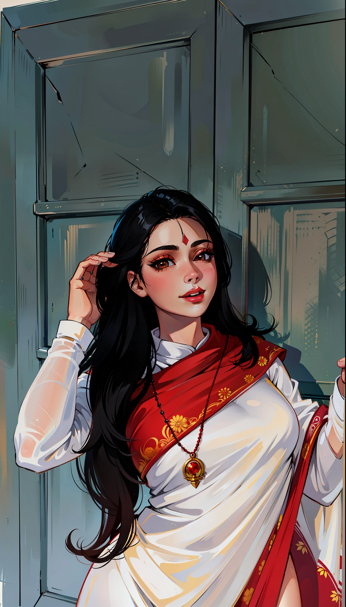 (masterpiece),(best quality:1.0), (ultra highres:1.0), detailed illustration, 8k, anime, 1girl, beautiful anime girl, wearing a white and red saree, beautiful saree, intricate details, black eyes, detailed eyes, black hair, detailed hair detailed, highlights on hair, smiling, matte red lipstick, red lips, anime style, best quality, detailed