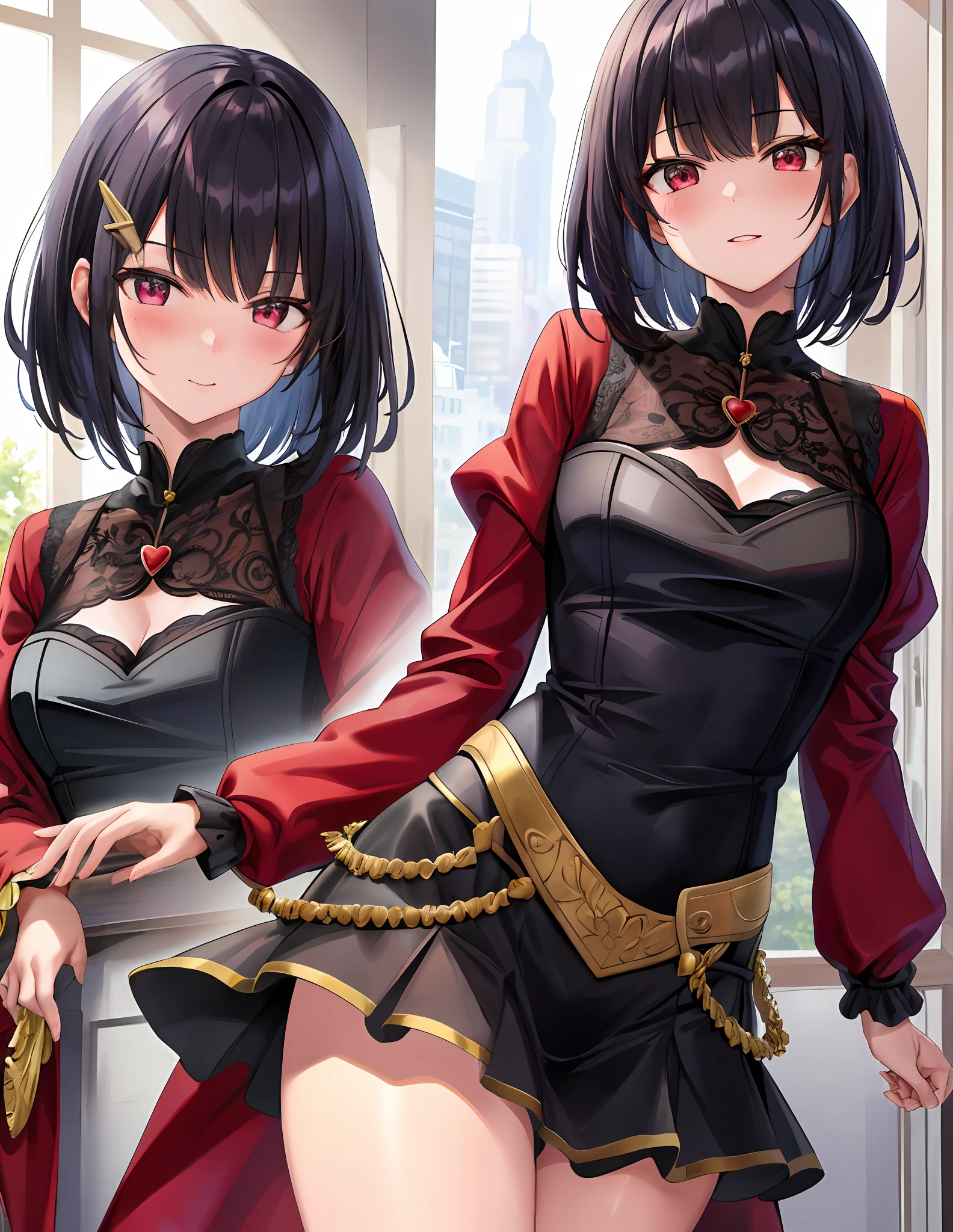 Model Shooting Style, (Masterpiece:1.3), (Absurdity:1.3), (Best Quality:1.3), (8K), (Masterpiece Digital Art), (Detailed Manga Illustration), (Handle Hair), Perfect Anatomy, (Complex Detail:1.3), (Detailed Detail:1.3), (Illustration:1.3), (Sharp Focus:1.3), (Vivid Color:1.3), 1Girl, Solo, ( Shorthair:1), hair between the eyes, (black hair), red eyes, floating hair, miniskirt, sexy, (embarrassing, embarrassing, blush),