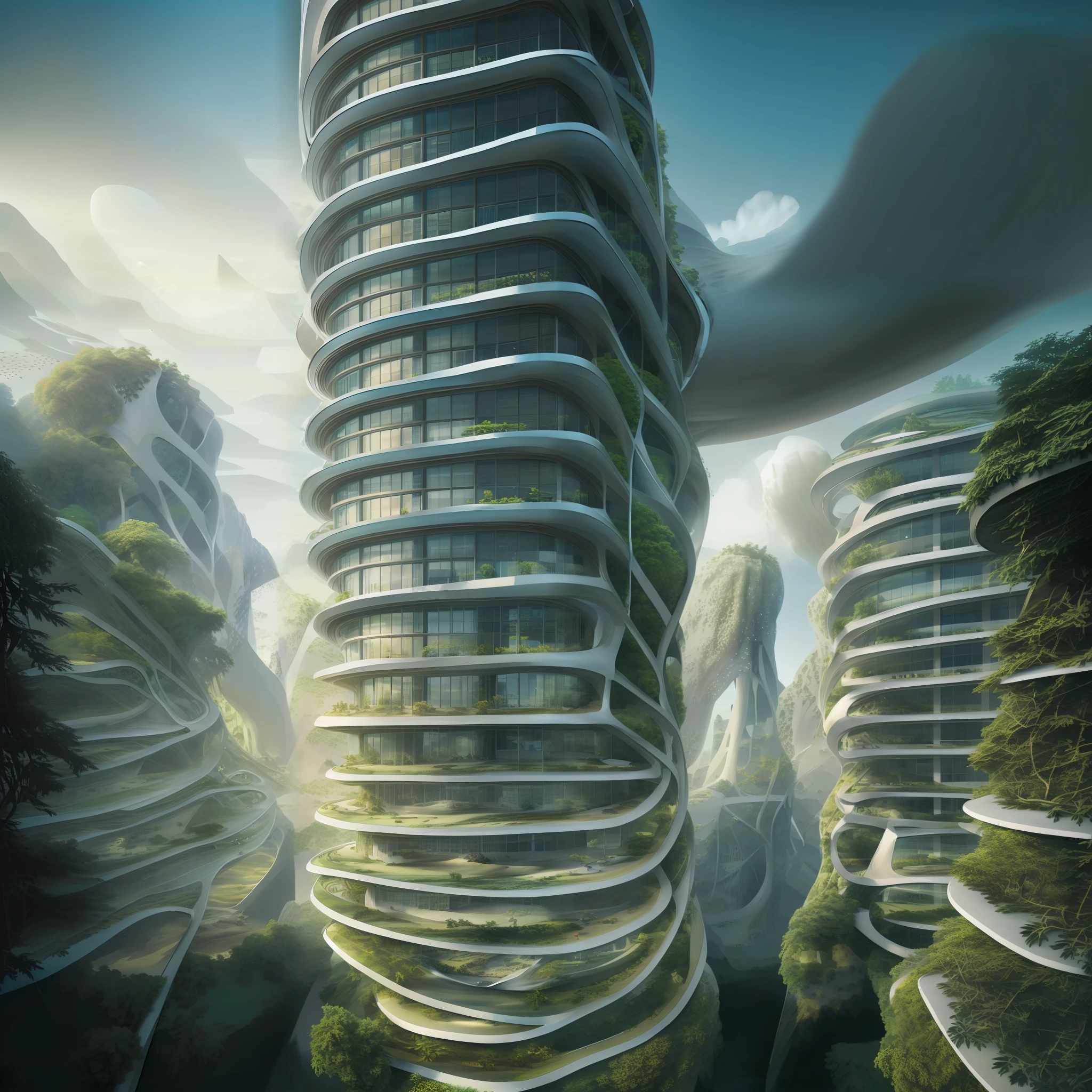 Futuristic design of an awesome sunny day environment concept art on a futuristic forest terrain with huge waterfalls,streams,sacred grooves, nature architecture, proportional,detailed, blueprint,bright clouds, nature meets futuristic architecture by Santiago Calatrava and Vincent Callebaut with Wes Anderson village,residential area, futuristic development, high rise made up staircases, balconies, full of composite glass facades, residential spaces carved from cliff side ,trending on artstation, beautiful lighting,In the style of Andreas Achenbach and Norman Ackroyd masterpiece, fantasy, intricate, award winning, 4k, highest quality