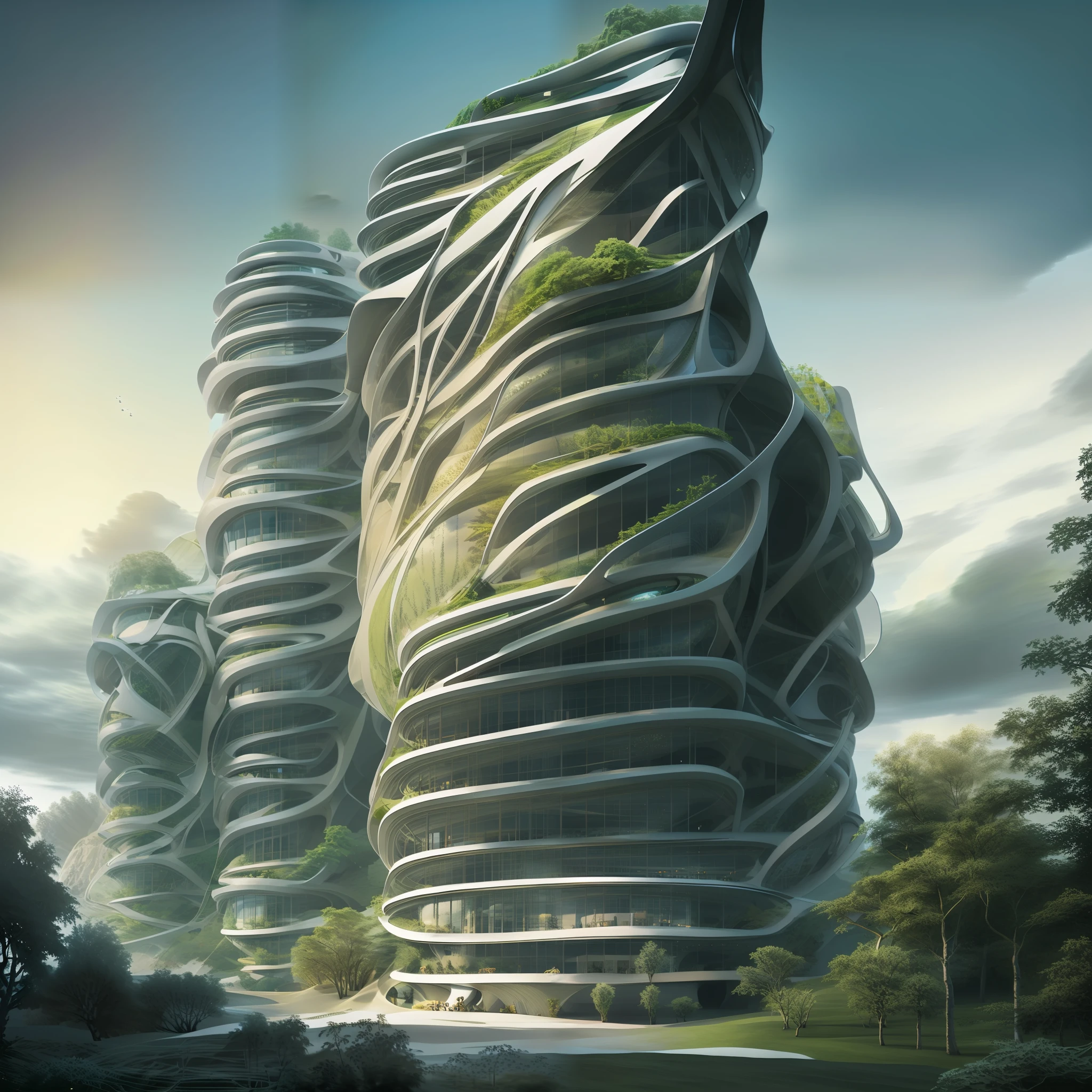 Futuristic design of an awesome sunny day environment concept art on a futuristic forest terrain with huge waterfalls,streams,sacred grooves, nature architecture, proportional,detailed, blueprint,bright clouds, nature meets futuristic architecture by Santiago Calatrava and Vincent Callebaut with Wes Anderson village,residential area, futuristic development, high rise made up staircases, balconies, full of composite glass facades, residential spaces carved from cliff side ,trending on artstation, beautiful lighting,In the style of Andreas Achenbach and Norman Ackroyd masterpiece, fantasy, intricate, award winning, 4k, highest quality