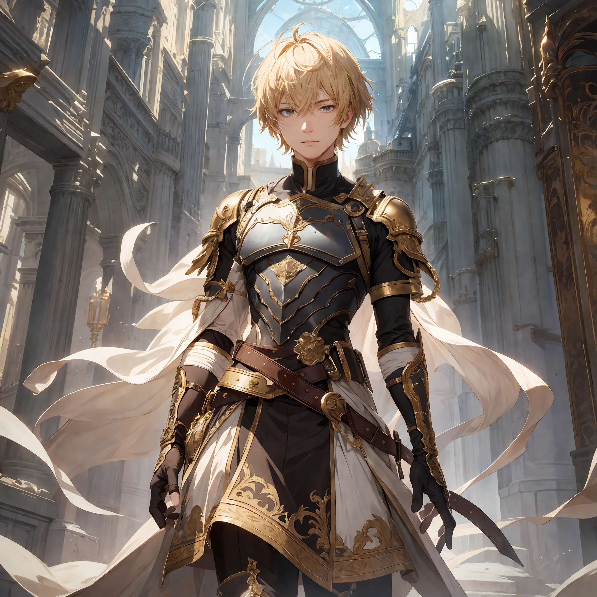 masterpiece, best quality, 1male, adult, male focus, solo, blonde hair, short hair, vibrant brown eyes, looking at viewer, High quality metal texture, closed mouth, bangs, high collar,(kbxll:0.6), Fantasy aesthetics, Highly detailed, shadowverse style, full body, noble armor torso