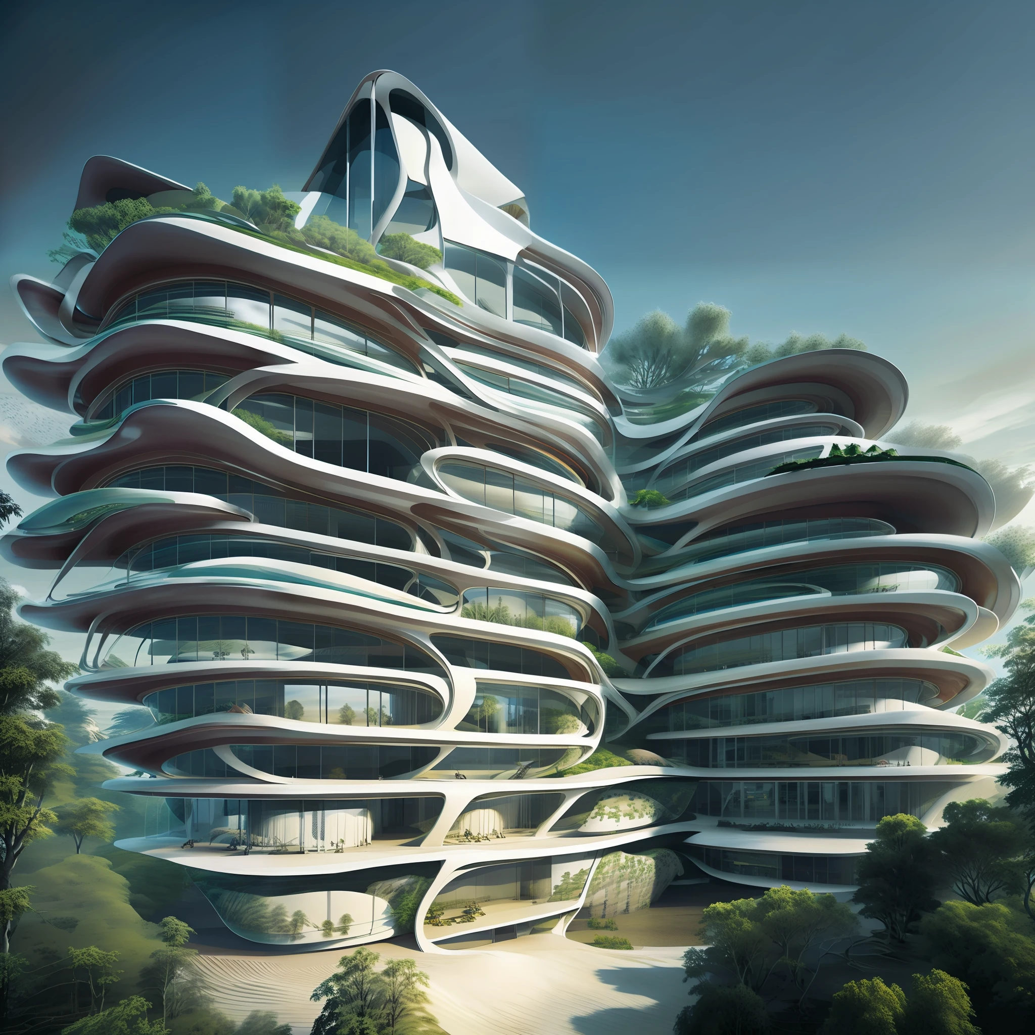 Futuristic design of an awesome sunny day environment concept art on a futuristic forest terrain with huge waterfalls,streams,sacred grooves, nature architecture, proportional,detailed, blueprint,bright clouds, nature meets futuristic architecture by Santiago Calatrava and Vincent Callebaut with Wes Anderson village,residential area, futuristic development, high rise made up staircases, balconies, full of composite glass facades, residential spaces carved from cliff side ,trending on artstation, beautiful lighting,In the style of Andreas Achenbach and Norman Ackroyd masterpiece, fantasy, intricate, award winning, 4k, highest quality