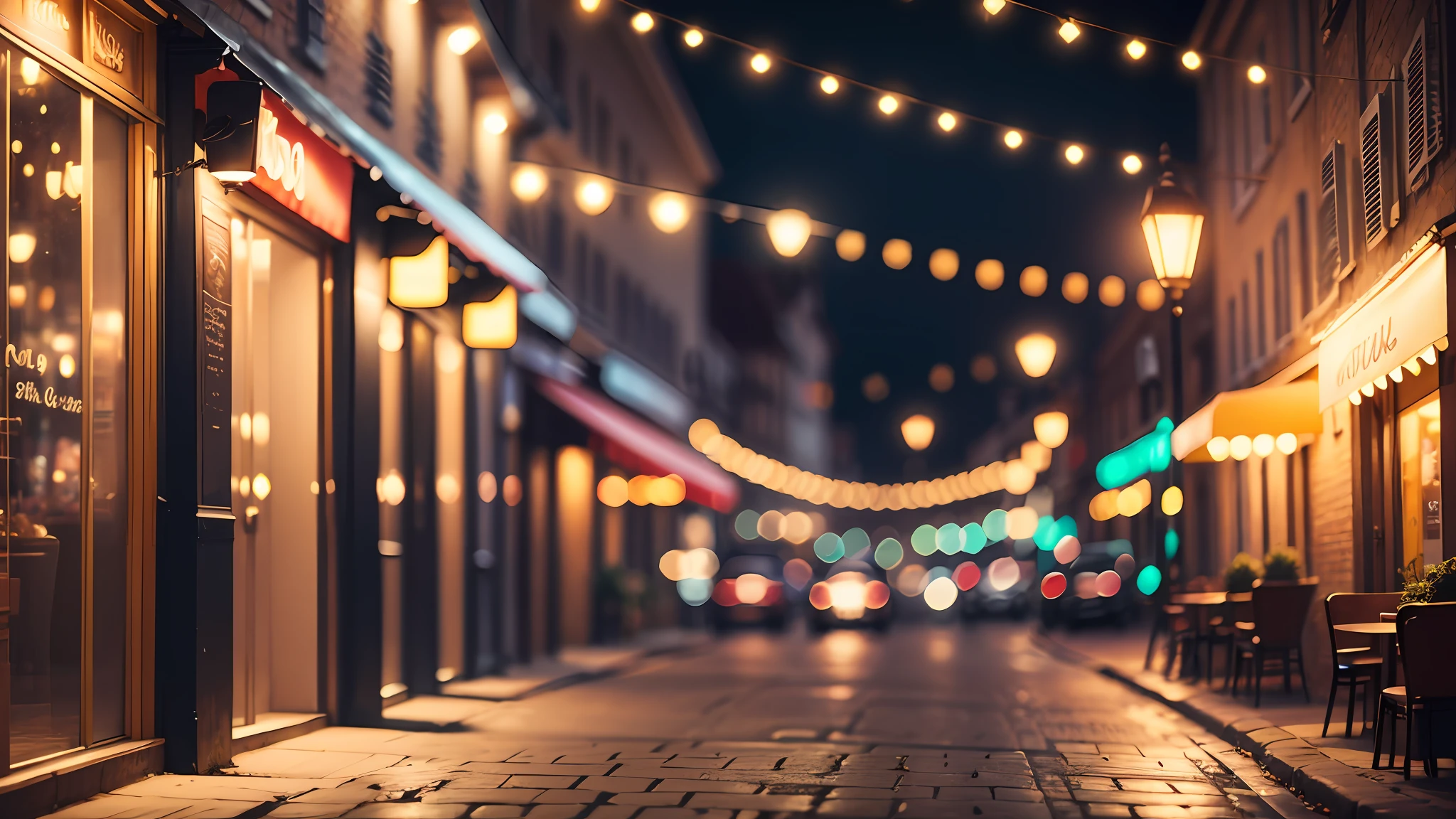 France street, coffee shop, street light, bokeh, warm, chill, night, romantic, high quality, --auto --s2