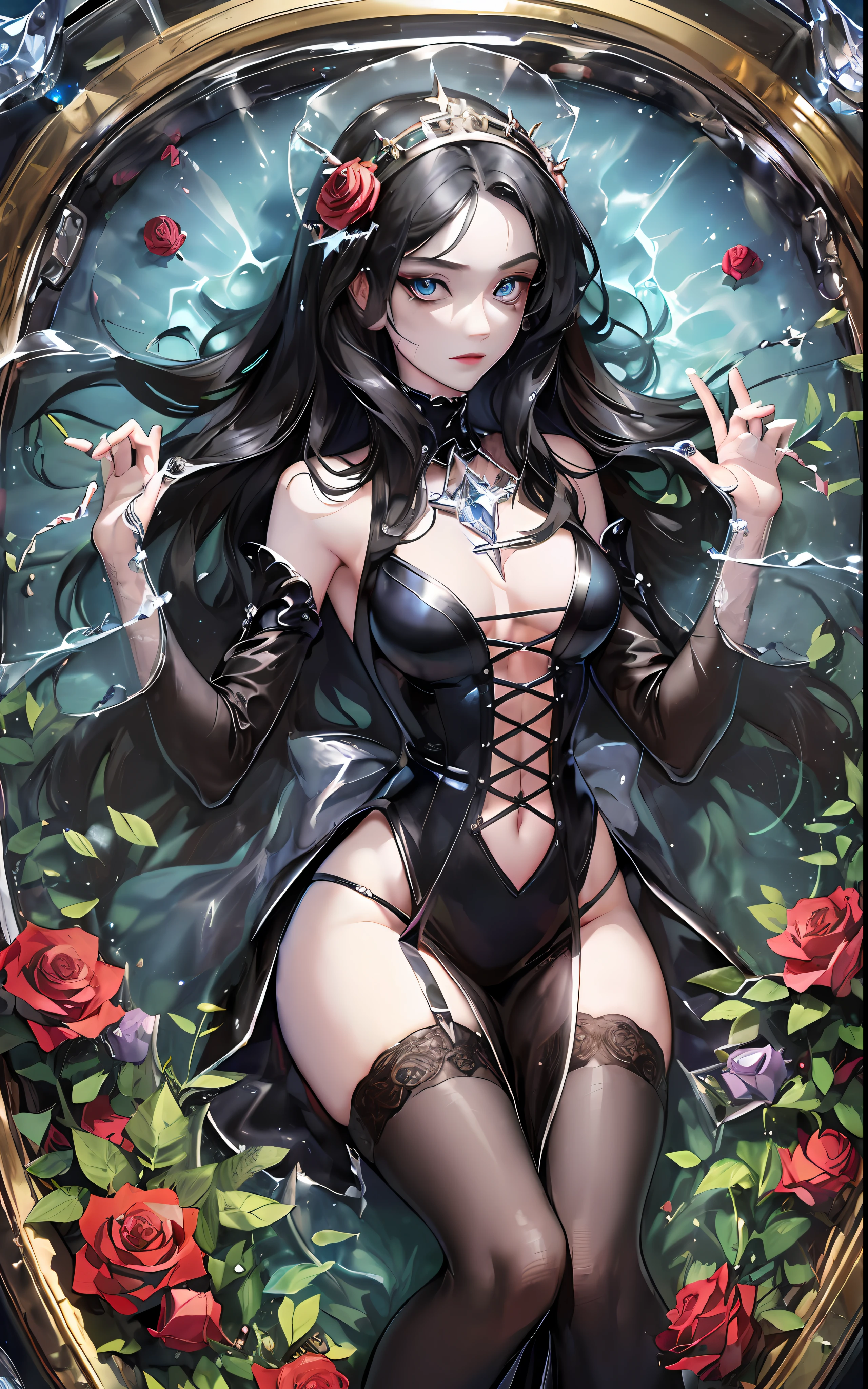 (((transparent coffin for ?????? with closed lid))) , (long coffin), girl locked in the coffin, seabed in the background, ((crystal)), gold cross, golden details, roses inside the coffin, rose thorns, ocean in the background, moonlight, coffin submerged in the sea, closed coffin with glass walls, closed lid, (((sarcophagus))), 1girl, adult woman, black hair, long hair, blue eyes, black victorian dress, modest dress, closed dress, flowing elegant dress, inside a coffin made of glass, full body inside coffin, perfect detailed eyes, perfect detailed face, detailed eyes, perfect eyes, ((((masterpiece)))), (((glass lid)))