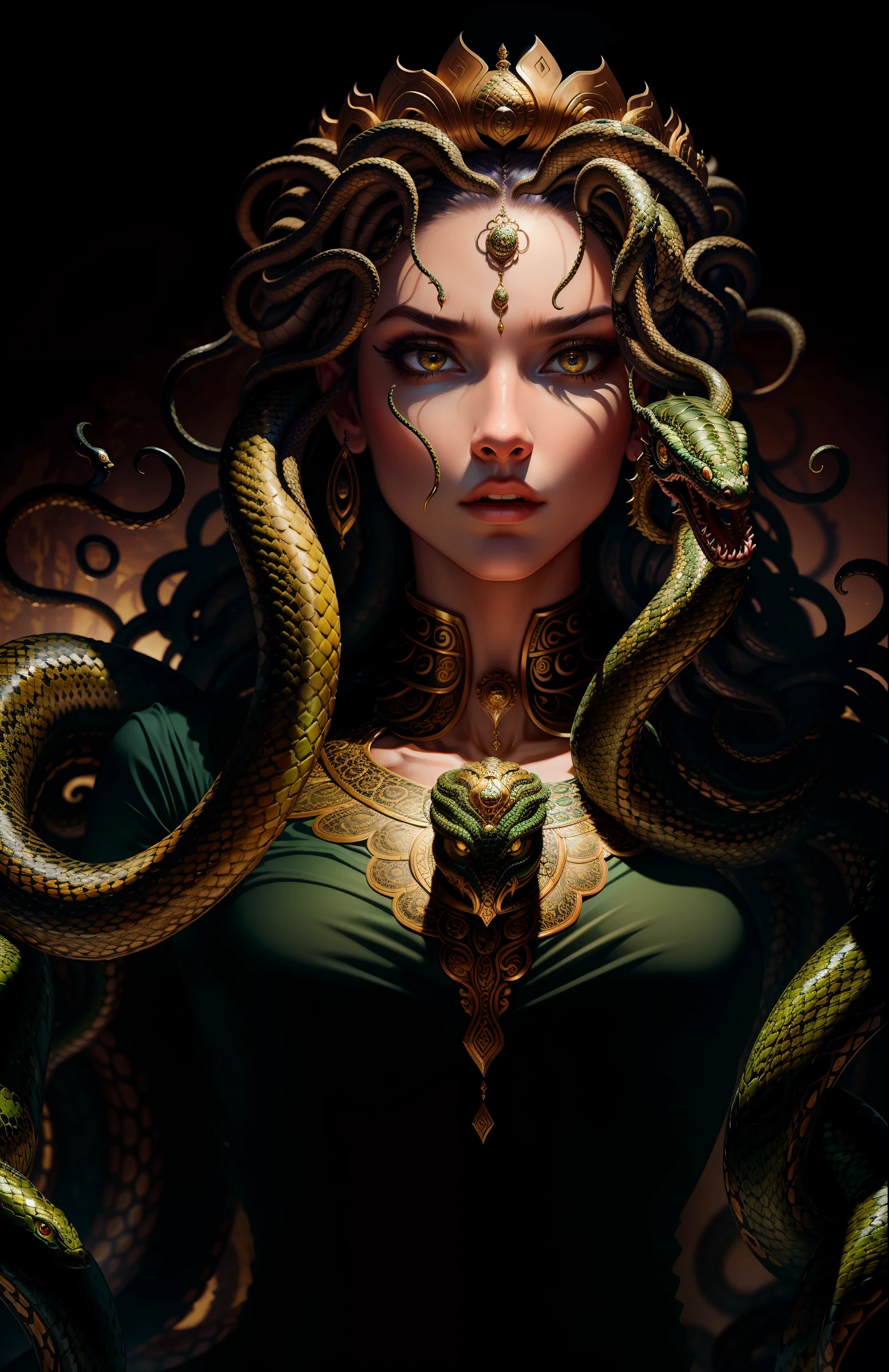 ((best quality)), ((masterpiece)), ((realistic)), Medusa, full body, hair is composed of countless small snakes, snake eyes and pupils, female face, metal carved top, king momentum, trends on artstation, clear focus, studio photos, intricate details, very detailed, detailed eyes, illustration, very detailed, clear focus, digital rendering, professional, 4k