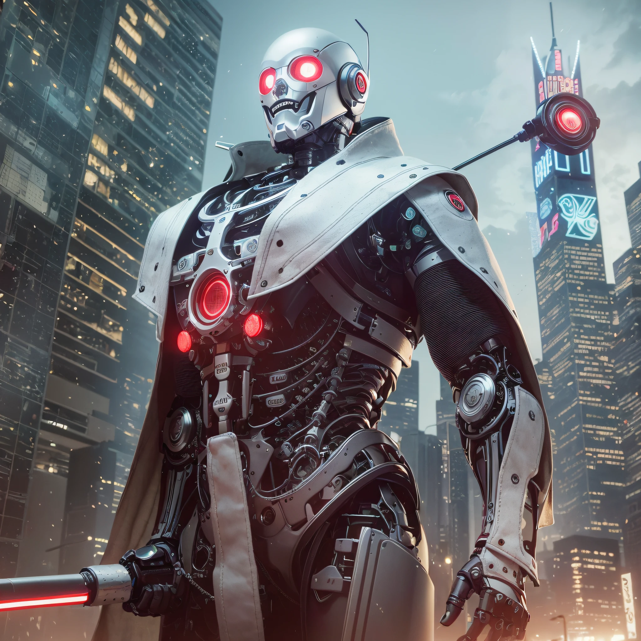 Complex 3d rendering ultra-detailed ceramic man robot, (natural skin texture, Realistic eye details: 1.2), robot parts, edge light, vibrant details, luxury cyberpunk, surrealism, anatomy, facial muscles, cable electrical wires, microchips, barren background, octane rendering, apple style, 8k, Best Quality, Masterpiece, Illustration, Extremely Refined, CG, Unity, Wallpaper, (Realistic, Realistic: 1.2), Amazing, Fine Detail, Masterpiece, Best Quality, Official Art, Extremely Detailed CG Unity 8k Wallpaper, Absurd, mechanical skeleton, robot, surrealist, apocalyptic wasteland, (high-tech prosthetics: 1.2), wearing a large cloak, holding a metal rod full of intimidation, and mechanical eyes with red light --auto --s2