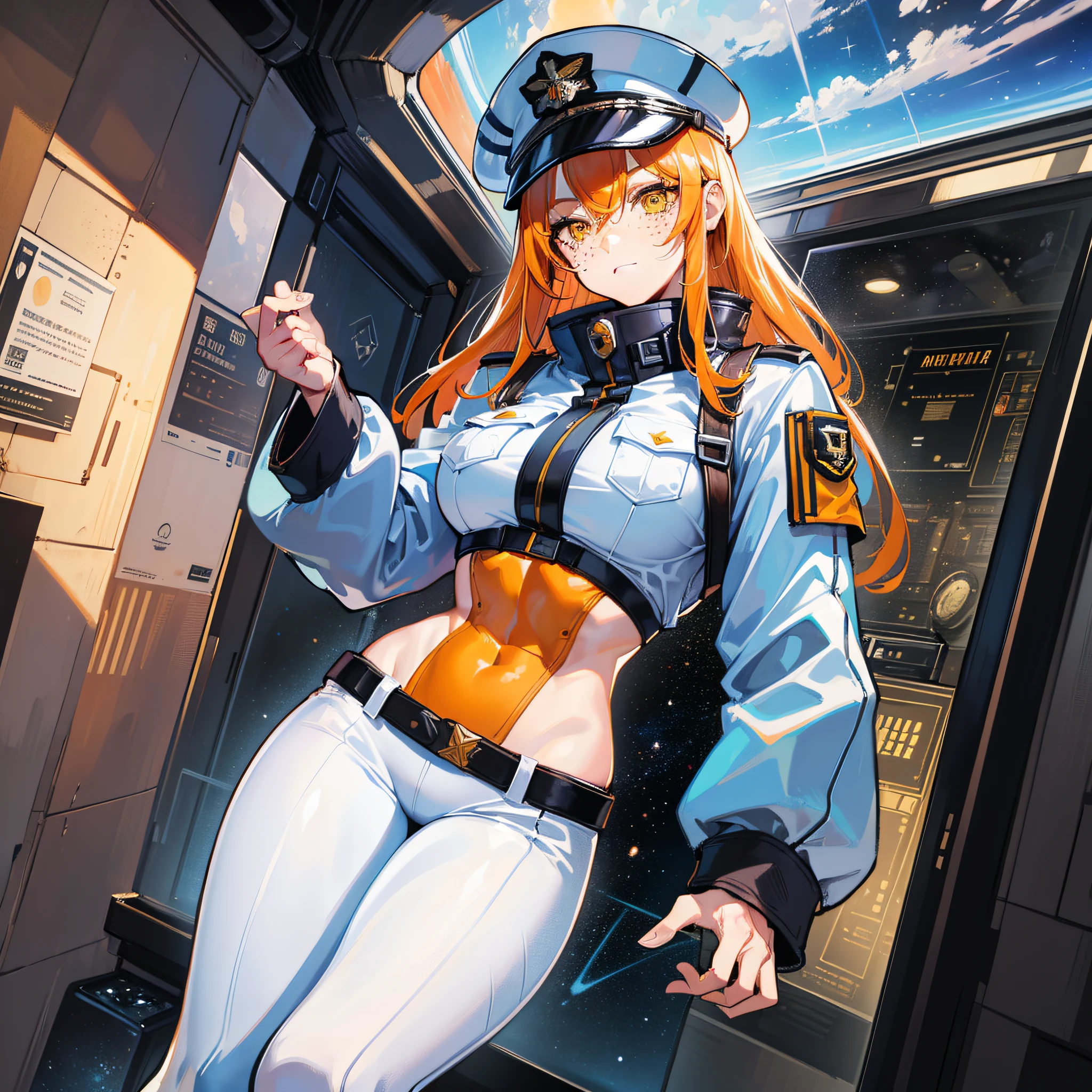((Masterpiece)), ((Highest Image Quality)), ((Best Quality)), (Illustration of One Girl), Full Body, 25 Years Old, Neutral, ((Freckles))), Orange Hair Ponytail, Yellow Eyes, (Tall Body)), Big, (Muscular Strong Body)), ((Muscular Strong Body)), (Military Uniform)), (Military Hat)), ((Army Coat)), (White Clothes), (White Pants), (White Hat), Trench Coat, ((Inside the Spacecraft)), (Outside the Window, Space, Earth as seen from space, Spaceport)
