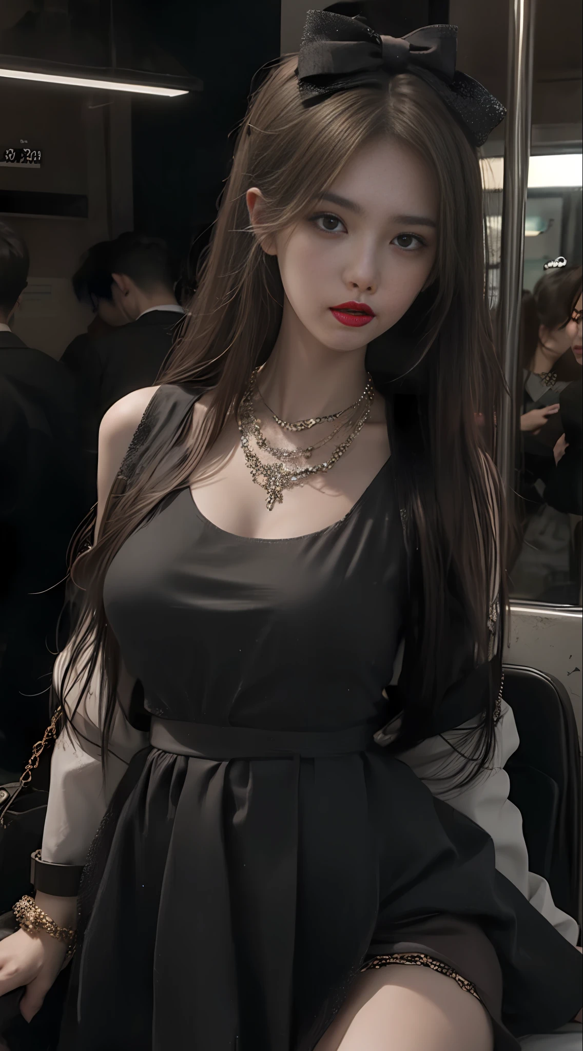 Drag sister, cool sass, proud, confident, masterpiece, best quality, have a woman in the subway, wearing necklaces and dresses, confident, Guvez style artwork, popular in CGSTATION, girl portrait, Sakimichan, sexy gloomy style, WLOP style, long hair and harsh eyes, realistic art style, Guweiz, WLOP style, 🤤 first-person perspective
